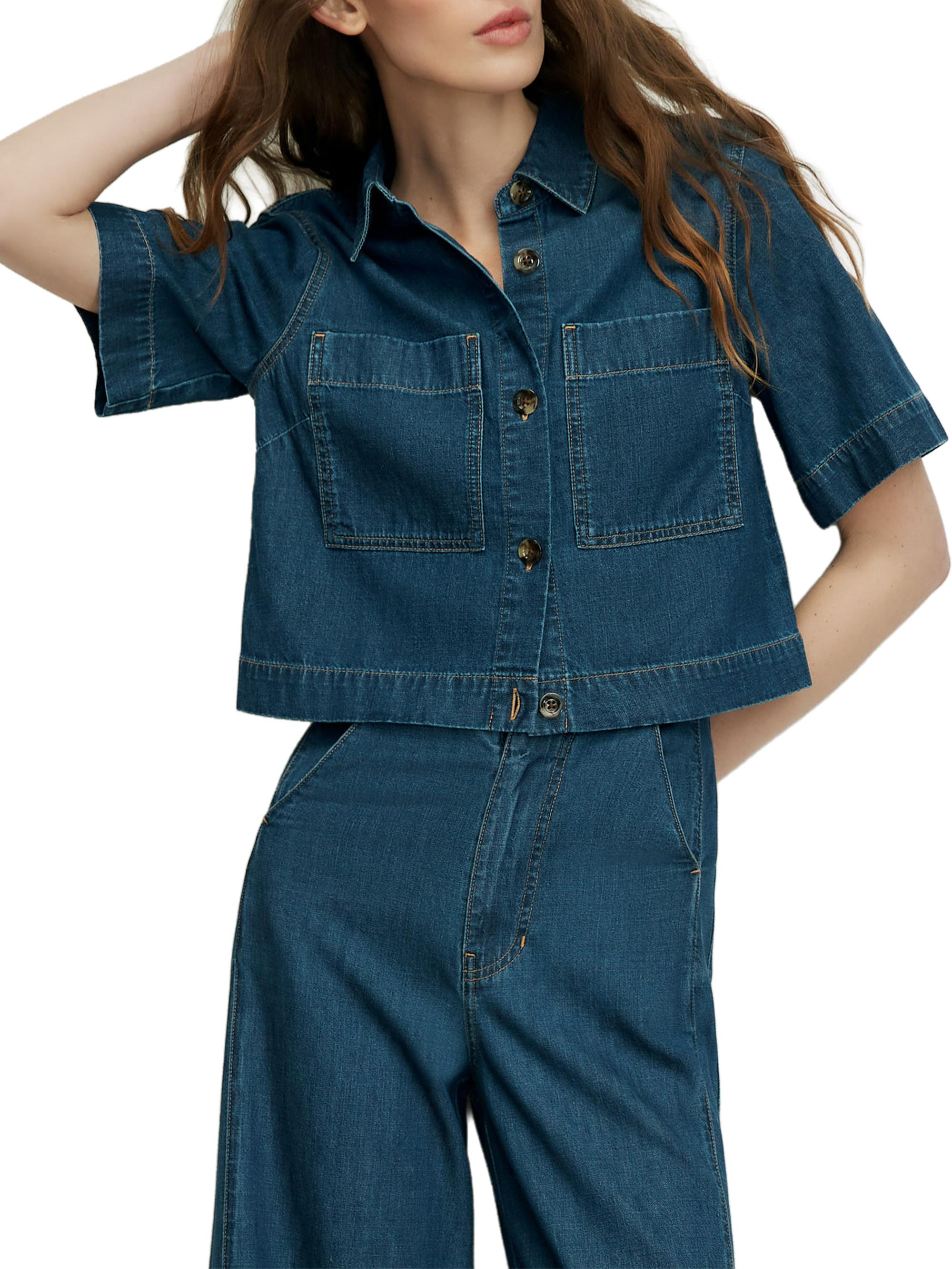 Veronica Beard Women's Spruce Denim Short-Sleeve Shirt - Starry Night | Thumbnail 4