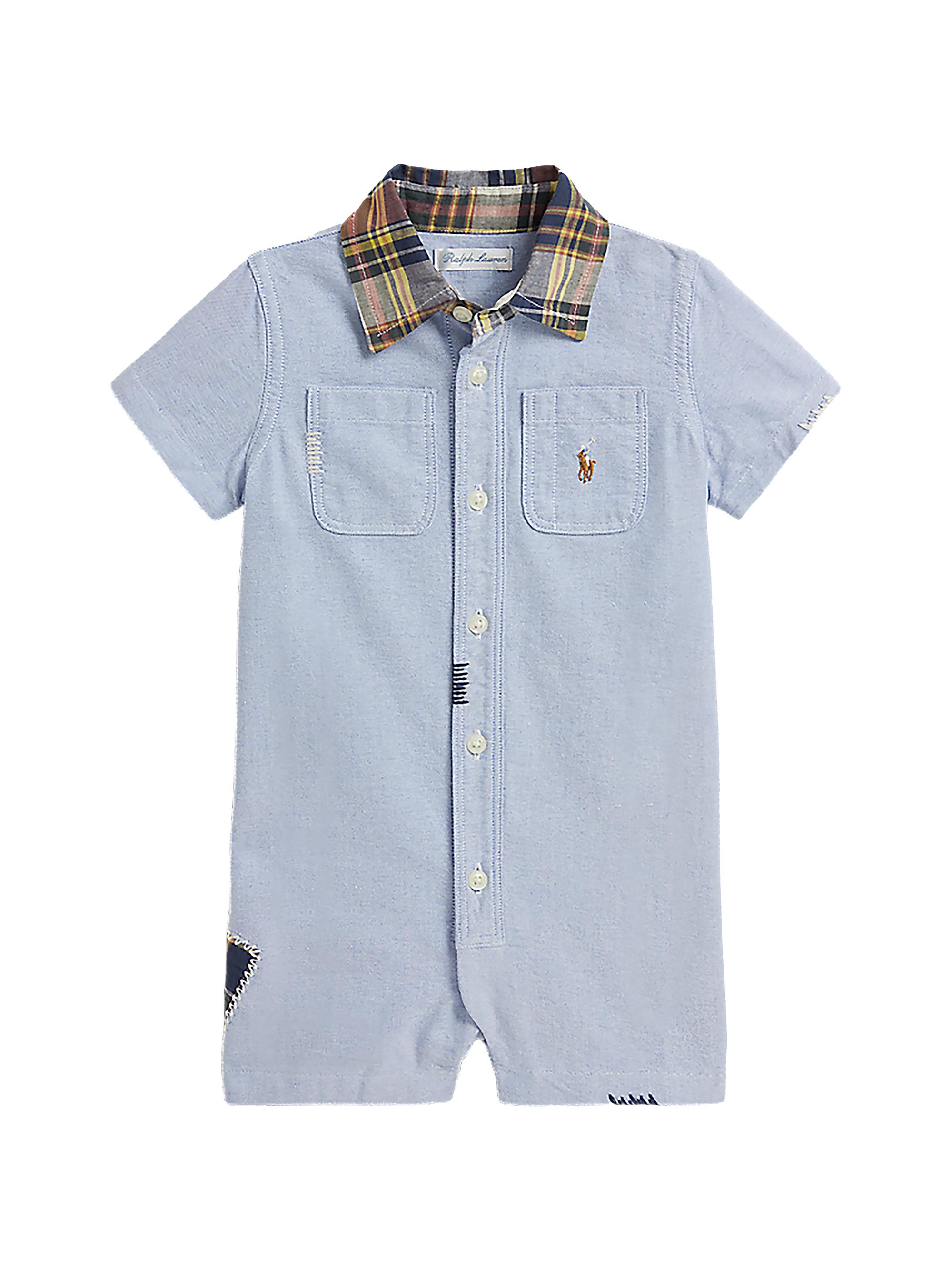 Polo Ralph Lauren Baby Boy's Chambray Plaid-Trimmed Shortalls - Blue 9 Months