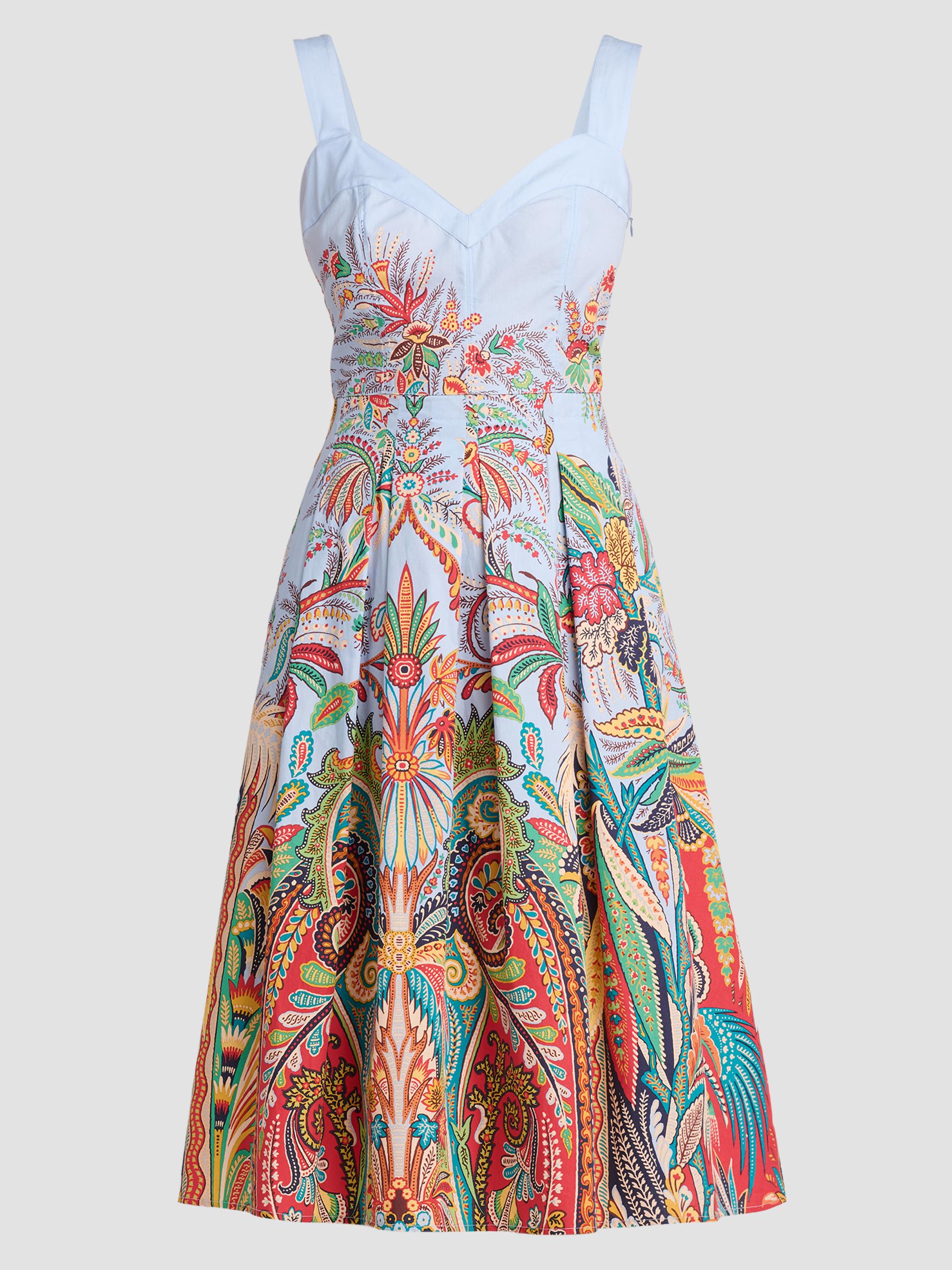 Etro Women's Paisley Pleated Cotton Midi Dress - Printed Blue Base | Thumbnail 6