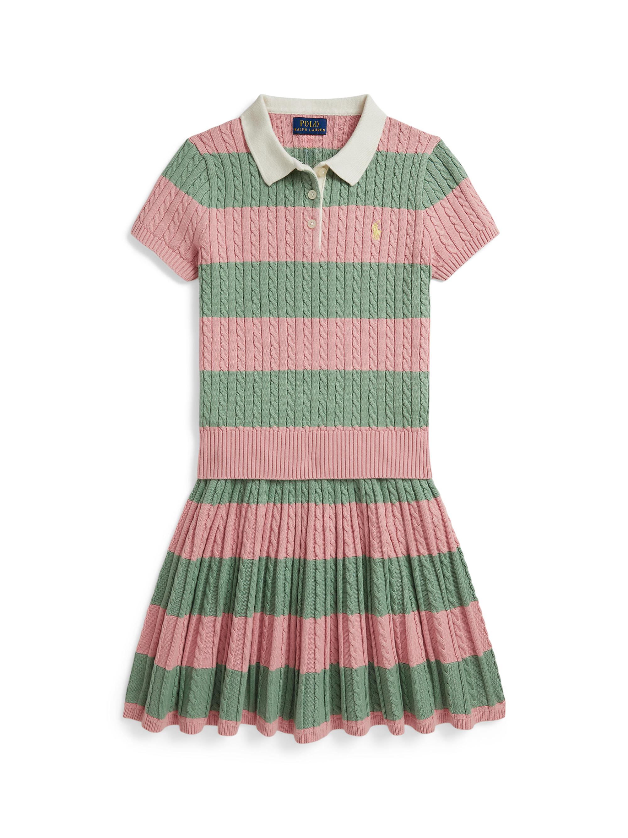 Polo Ralph Lauren Little Girl's & Girl's 2-Piece Cable-Knit Striped Polo Shirt & Pleated Skirt Set - Adirondack Rose Multi