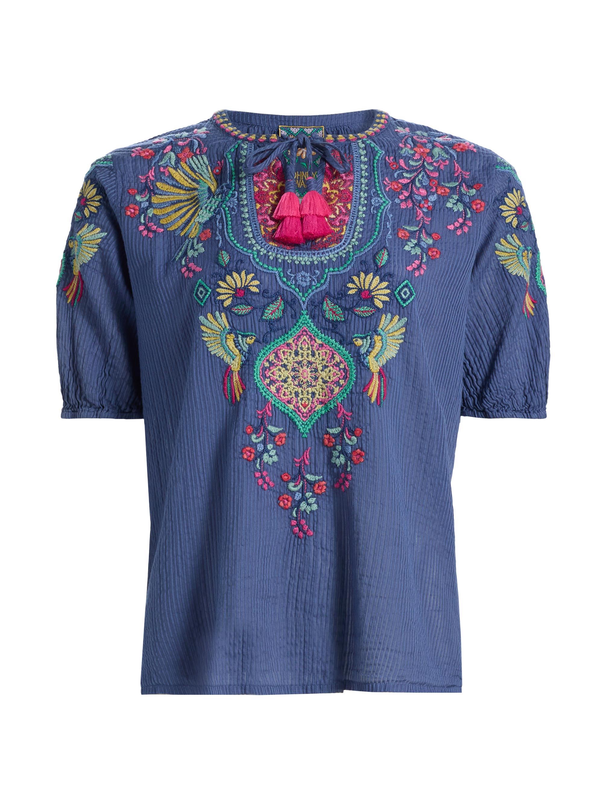 Johnny Was Women's Margot Floral Embroidered Cotton-Silk Blouse - Blue Night