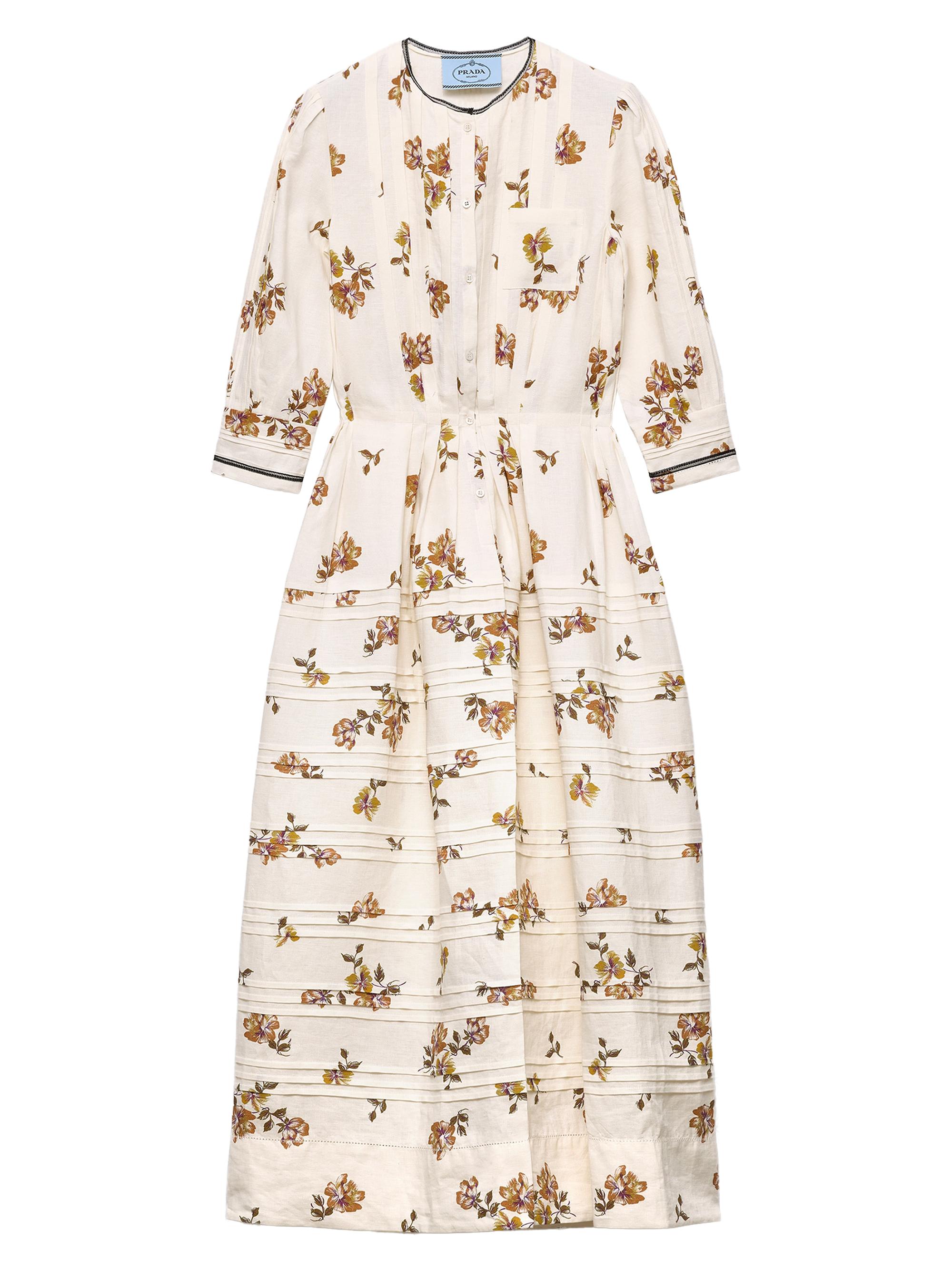 Prada Women's Long Printed Linen Dress - Brown - Women's Clothing