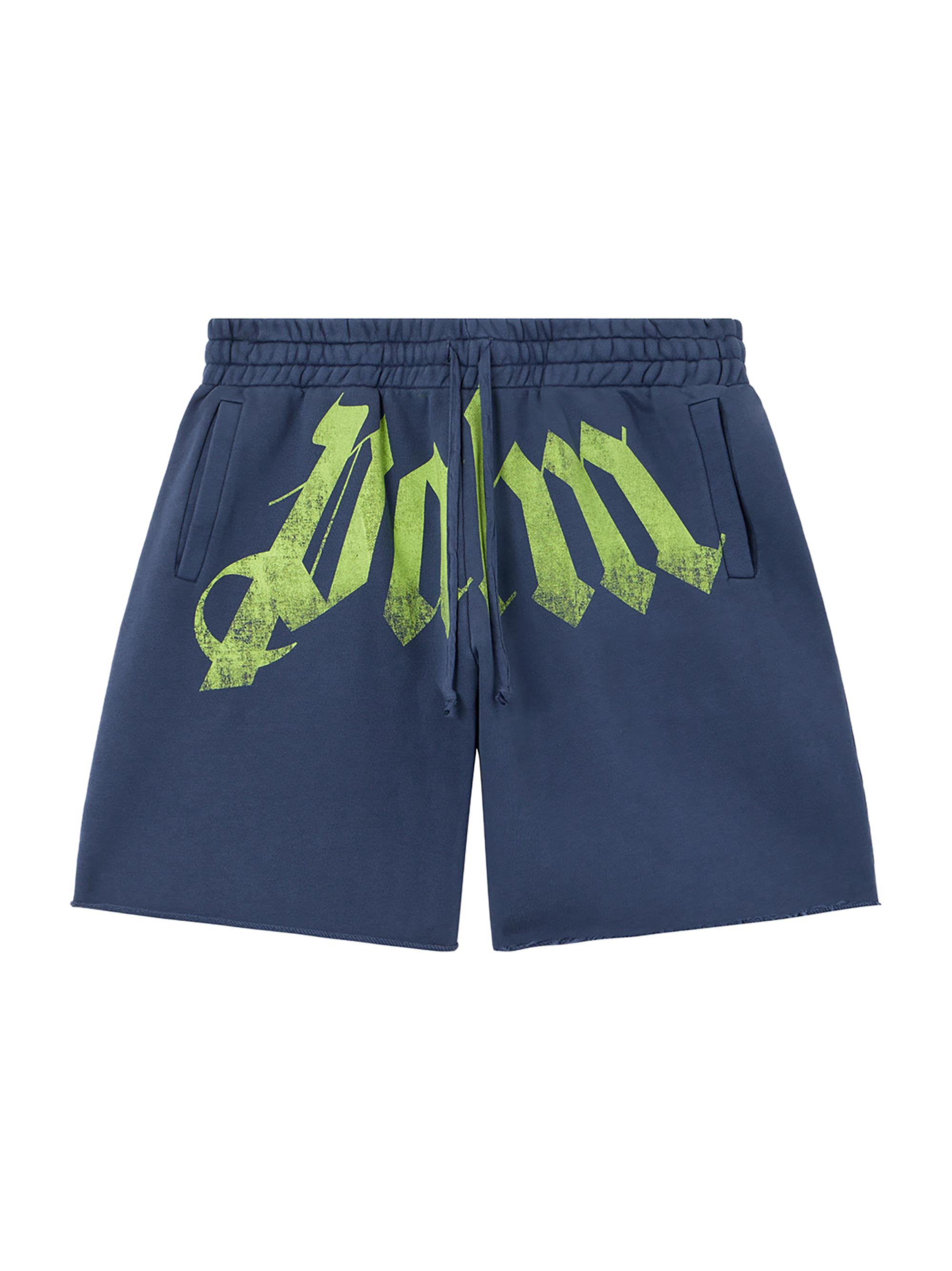 Palm Angels Men's Big Waist Logo Sweat Shorts - Navy Blue Lime