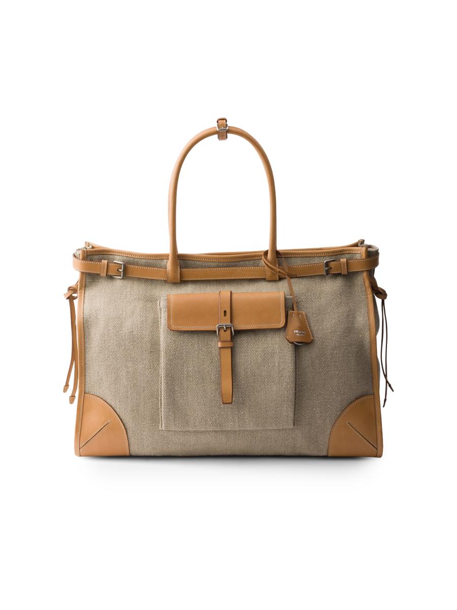 Prada Bonnie Linen and Leather Tote Bag | Saks Fifth Avenue