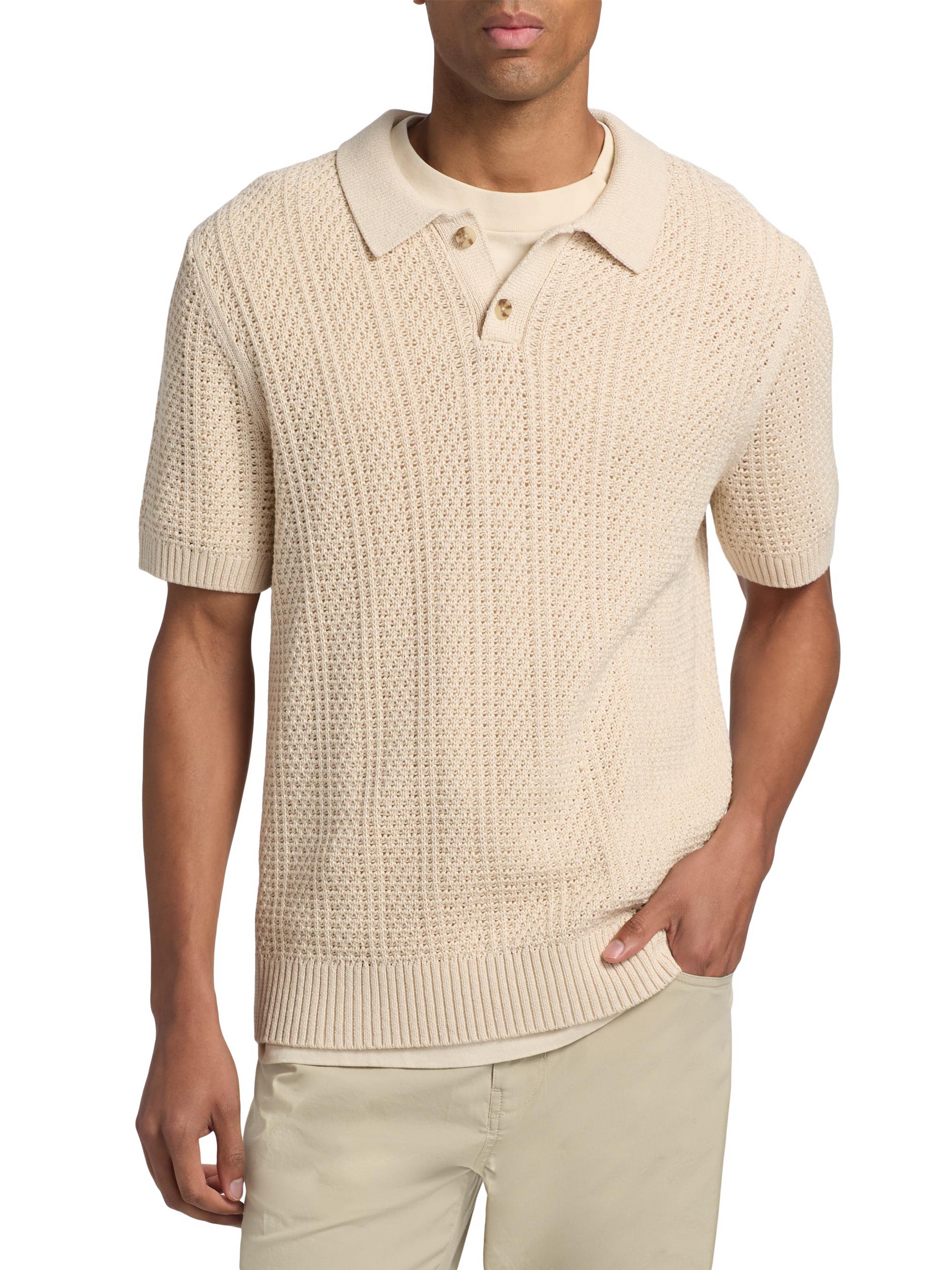 Vince Men's Seed-Stitch Ribbed Cotton Polo Shirt - Dark Blanco | Thumbnail 3