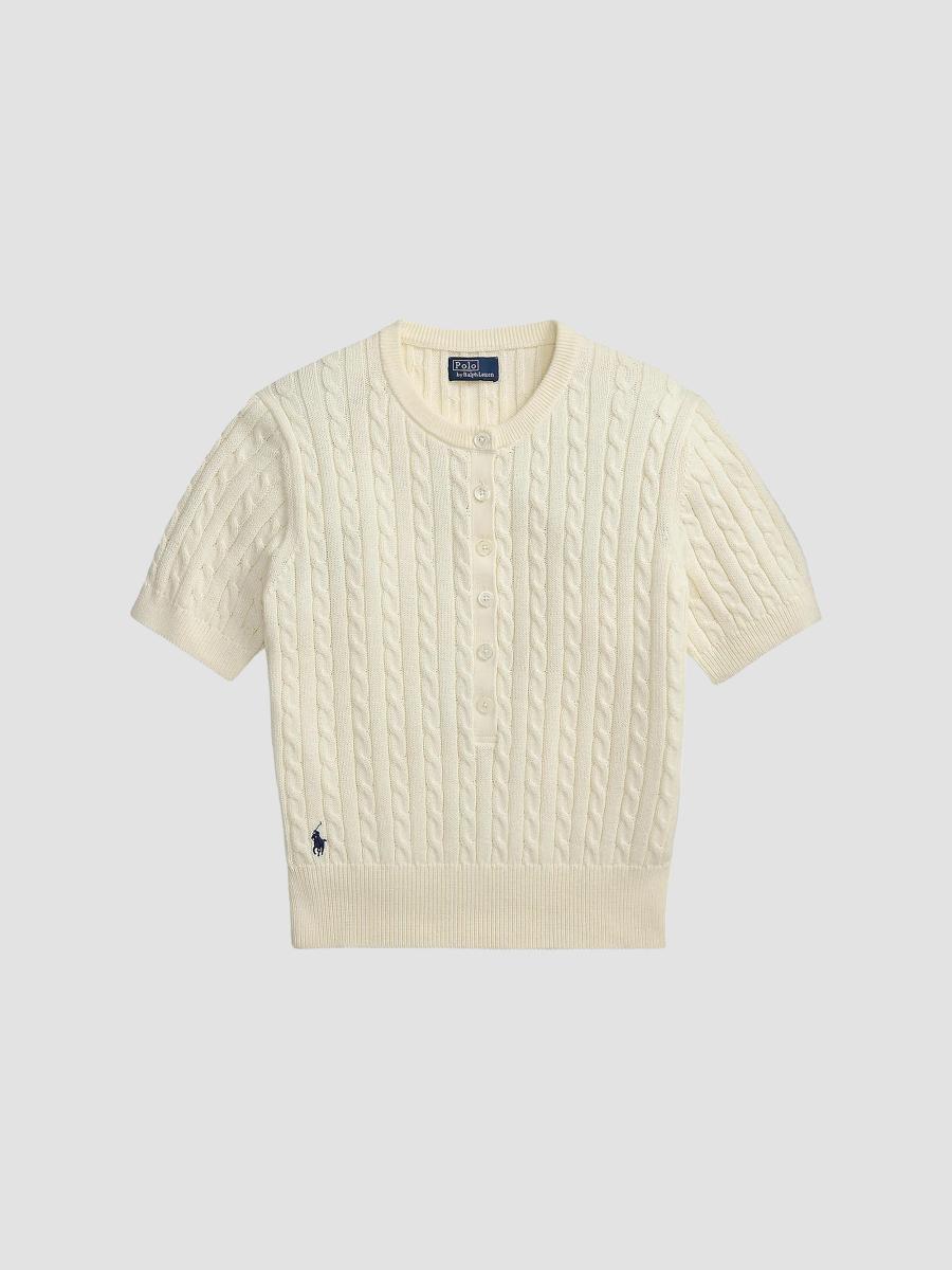 Polo Ralph Lauren Women's Mini-cable Short-sleeve Henley Sweater In Clubhouse Cream