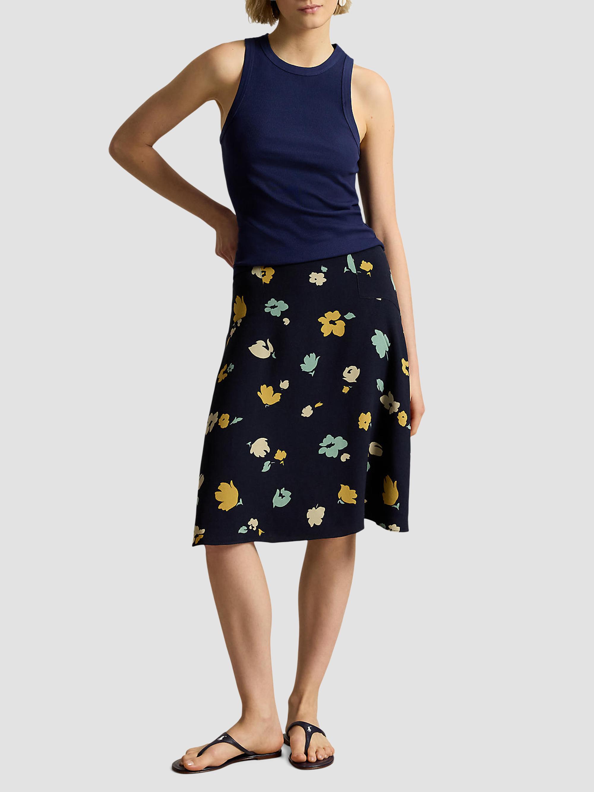 Polo Ralph Lauren Women's Floral Crepe Knee-Length Skirt - Tulip Navy Yellow | Thumbnail 2