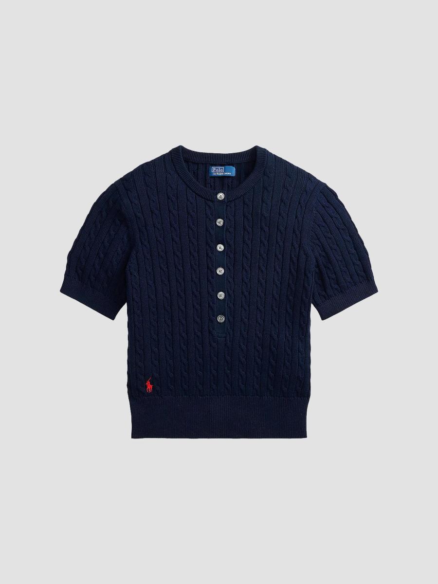 Polo Ralph Lauren Women's Mini-cable Short-sleeve Henley Sweater In Hunter Navy