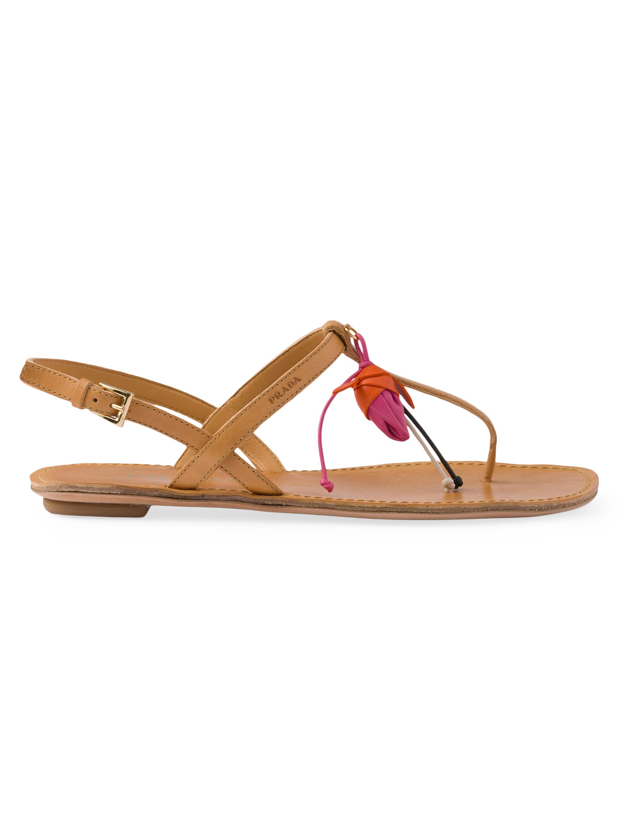 Prada Women's Antiqued Leather Thong Sandals with Floral Ornament - Beige Khaki - Women's Clothing