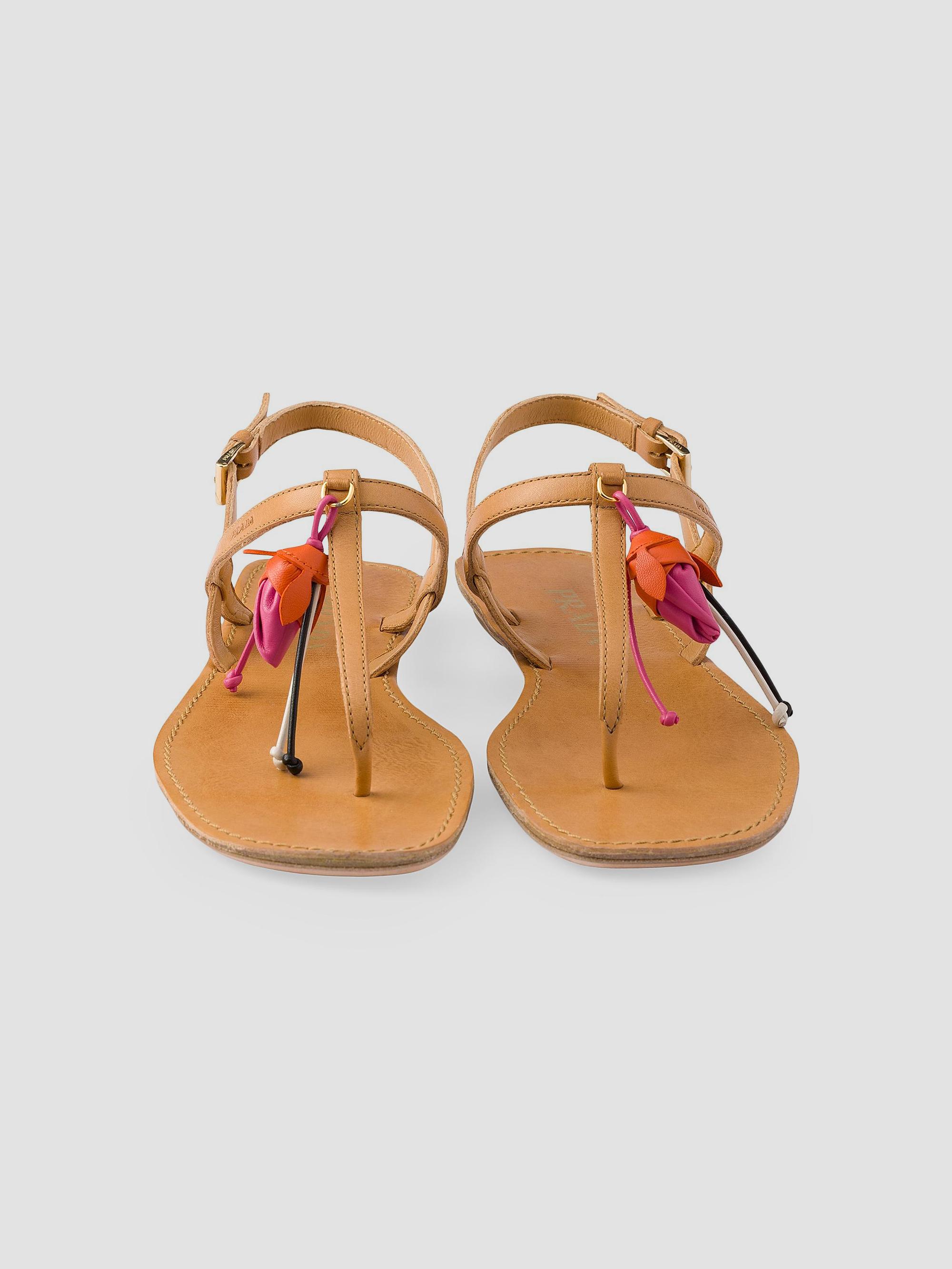 Prada Antiqued Leather Thong Sandals with Floral Ornament | Saks