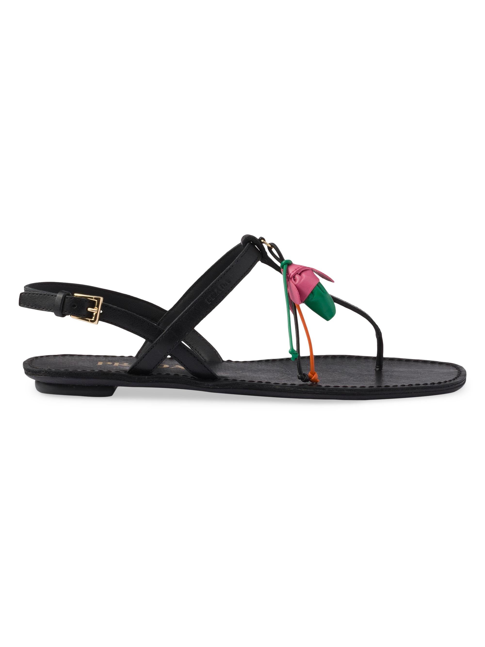 Prada Women's Antiqued Leather Thong Sandals with Floral Ornament - Black