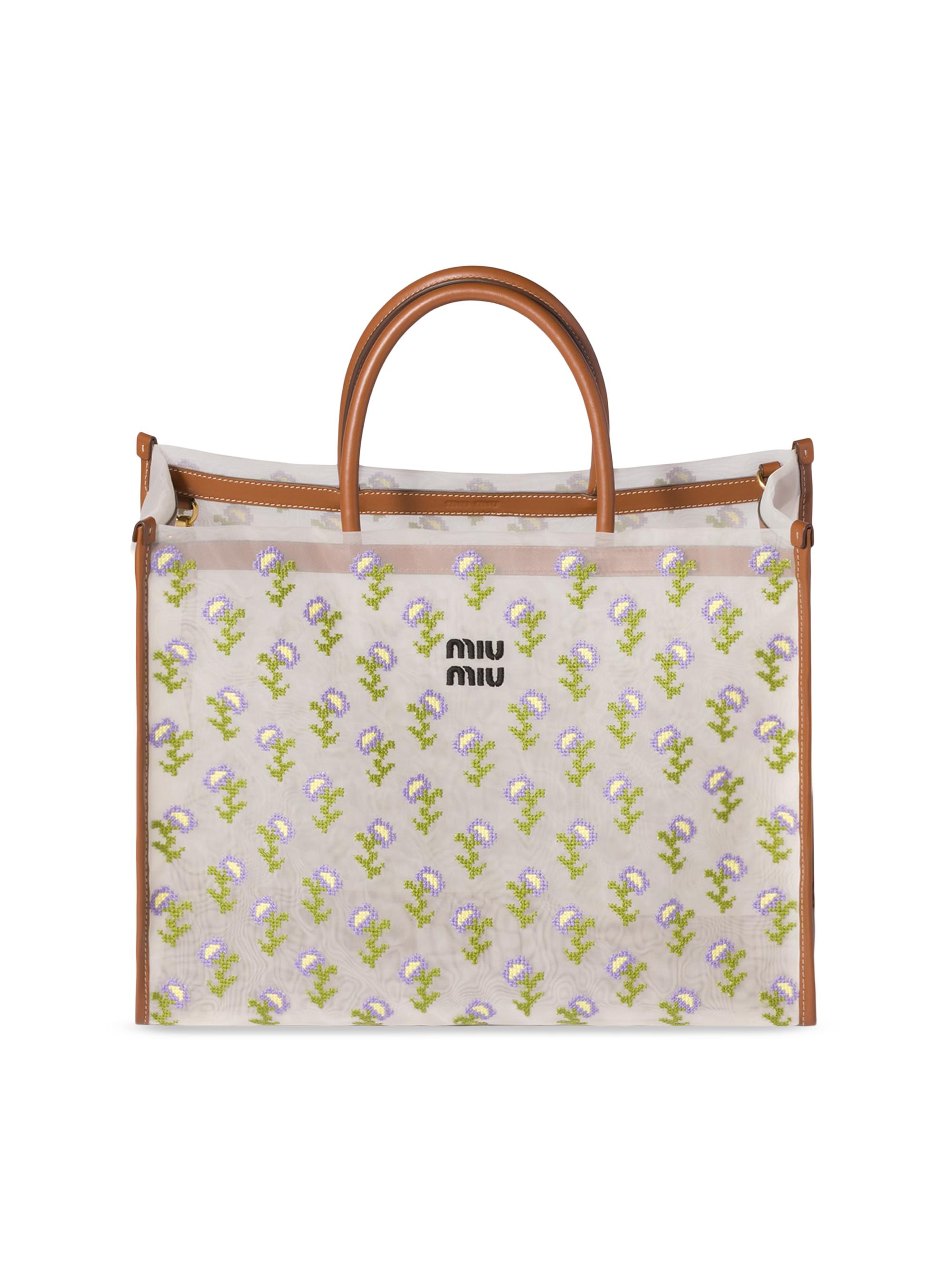 Miu Miu Women's Embroidered Mesh Shopping Bag - White Brown - Women's Bags