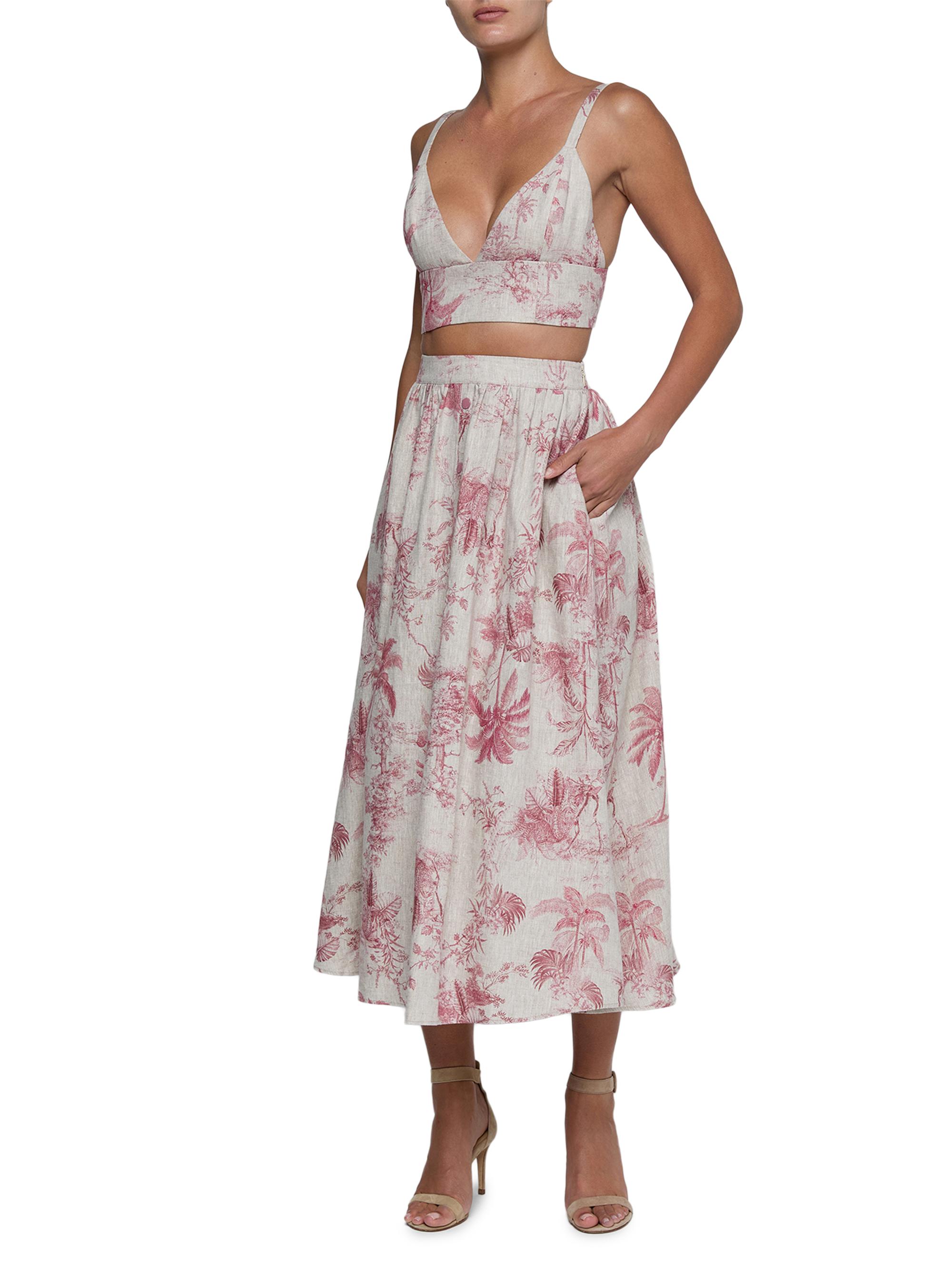 L'AGENCE Women's Seina Floral Linen Midi-Skirt - Tan Textured Jungle | Thumbnail 2