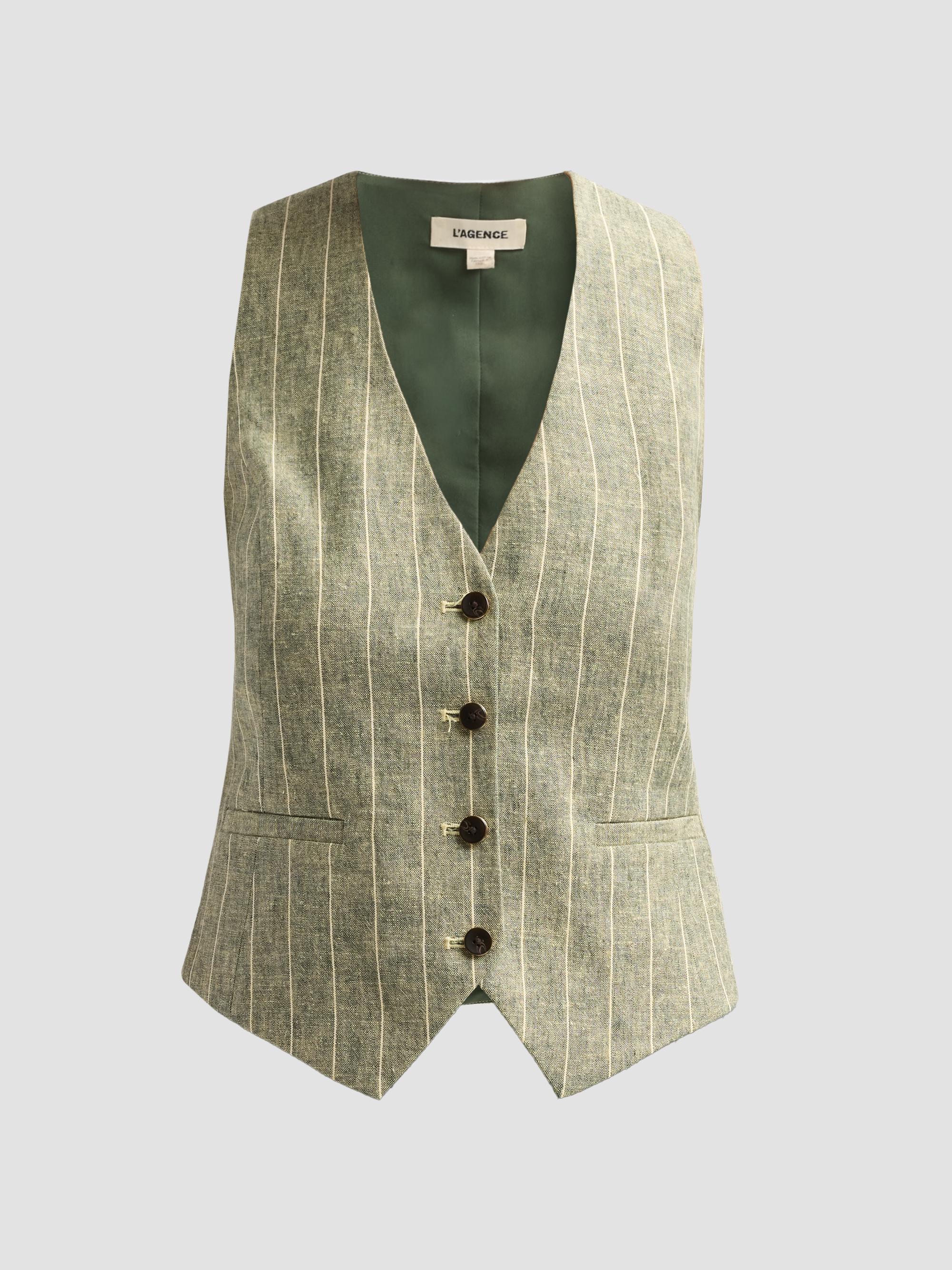 L'AGENCE Women's Drina Pinstripe Linen-Blend Vest - Olive Green Pinstripe
