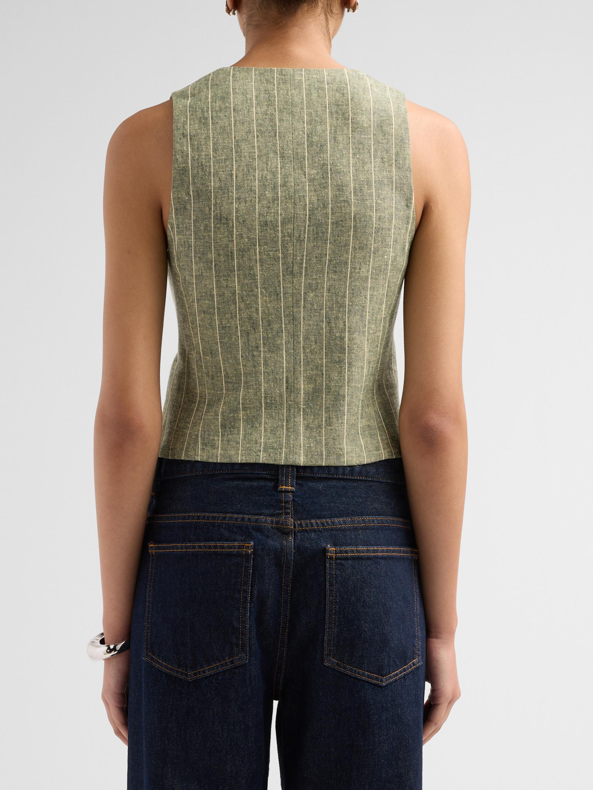 L'AGENCE Women's Drina Pinstripe Linen-Blend Vest - Olive Green Pinstripe | Thumbnail 3