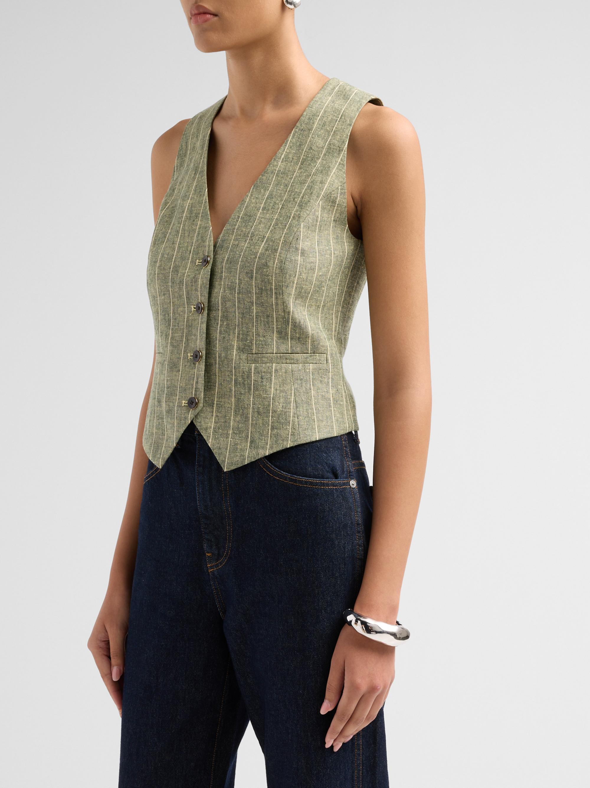 L'AGENCE Women's Drina Pinstripe Linen-Blend Vest - Olive Green Pinstripe | Thumbnail 4
