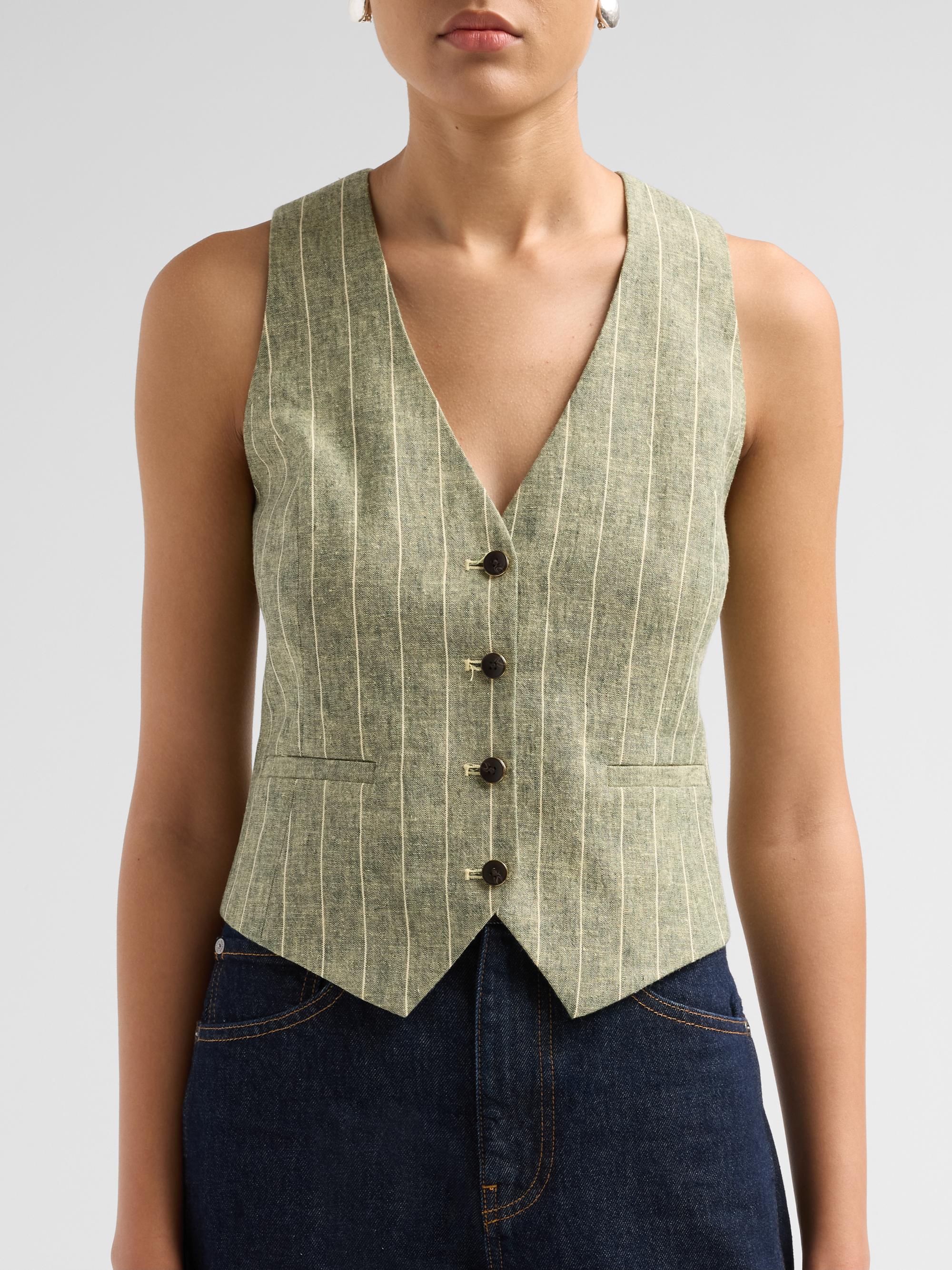 L'AGENCE Women's Drina Pinstripe Linen-Blend Vest - Olive Green Pinstripe | Thumbnail 5