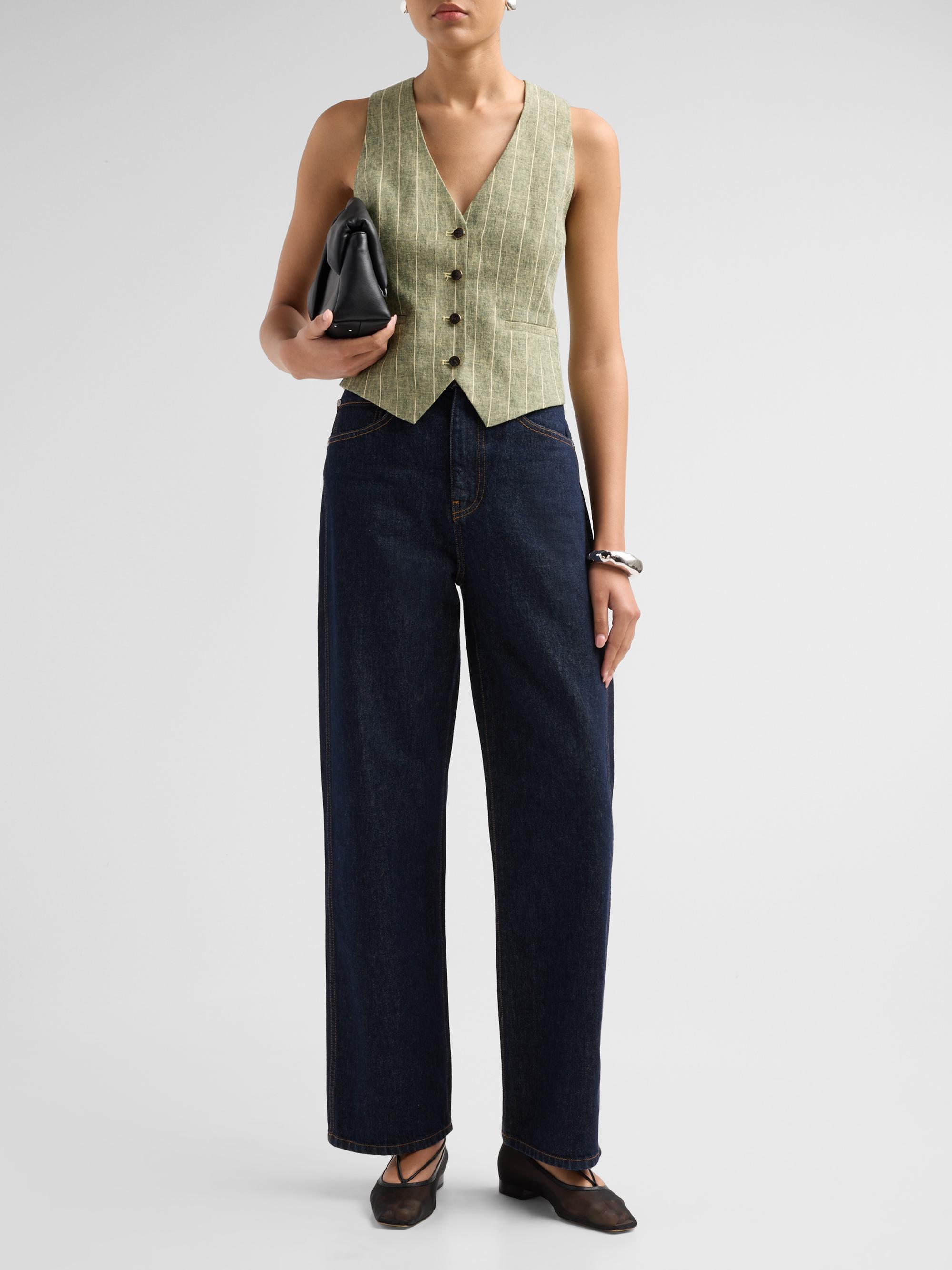 L'AGENCE Women's Drina Pinstripe Linen-Blend Vest - Olive Green Pinstripe | Thumbnail 2