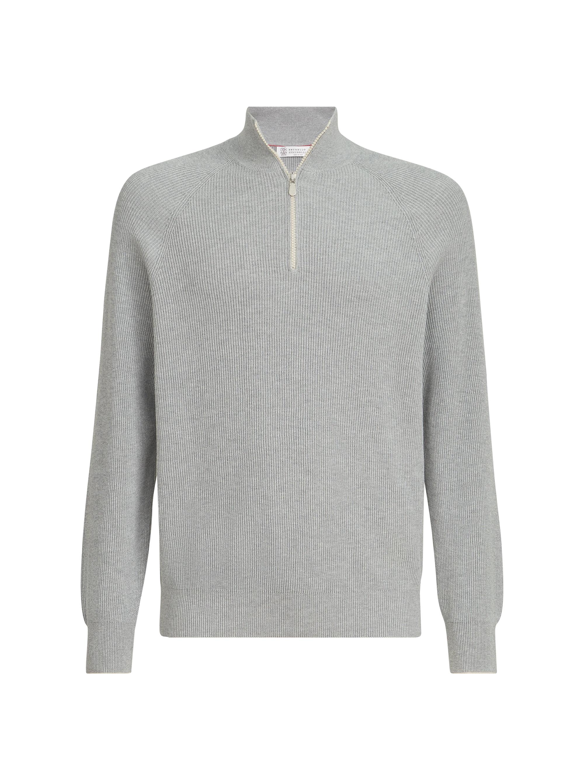 Brunello Cucinelli Men's Cotton English Rib Sweater with Half Zip - Light Grey | Thumbnail 7