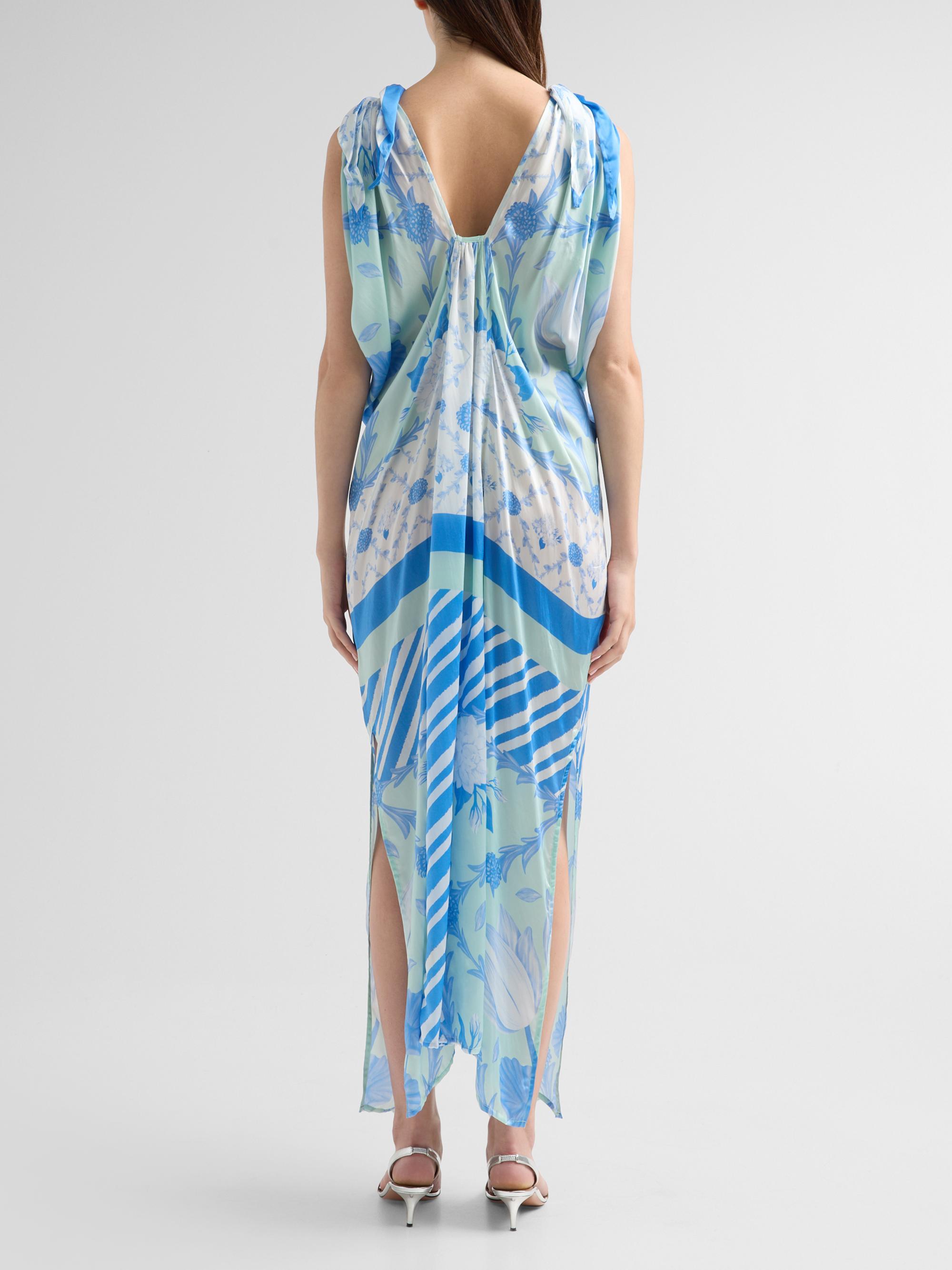 Verandah Women's Bejewelled Hand-Knotted Drape Maxi Dress - Blue And Mint Lotus | Thumbnail 3