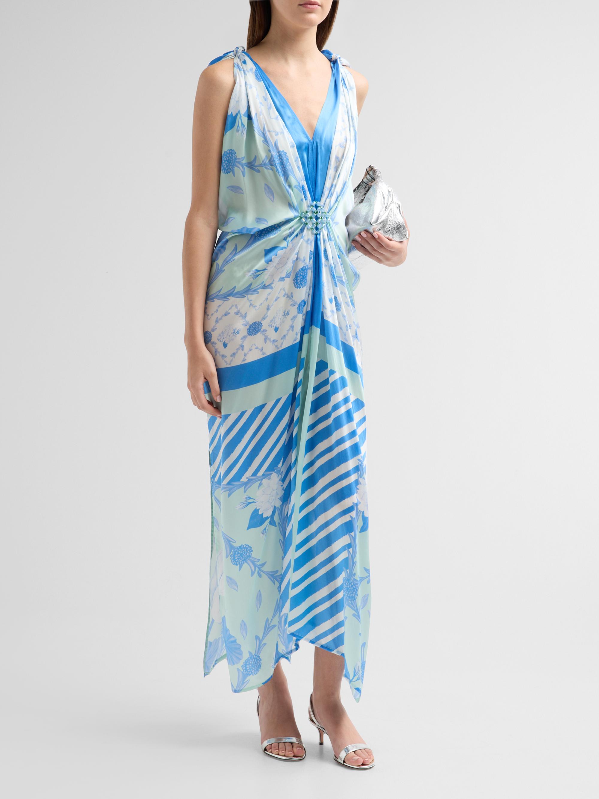 Verandah Women's Bejewelled Hand-Knotted Drape Maxi Dress - Blue And Mint Lotus | Thumbnail 4