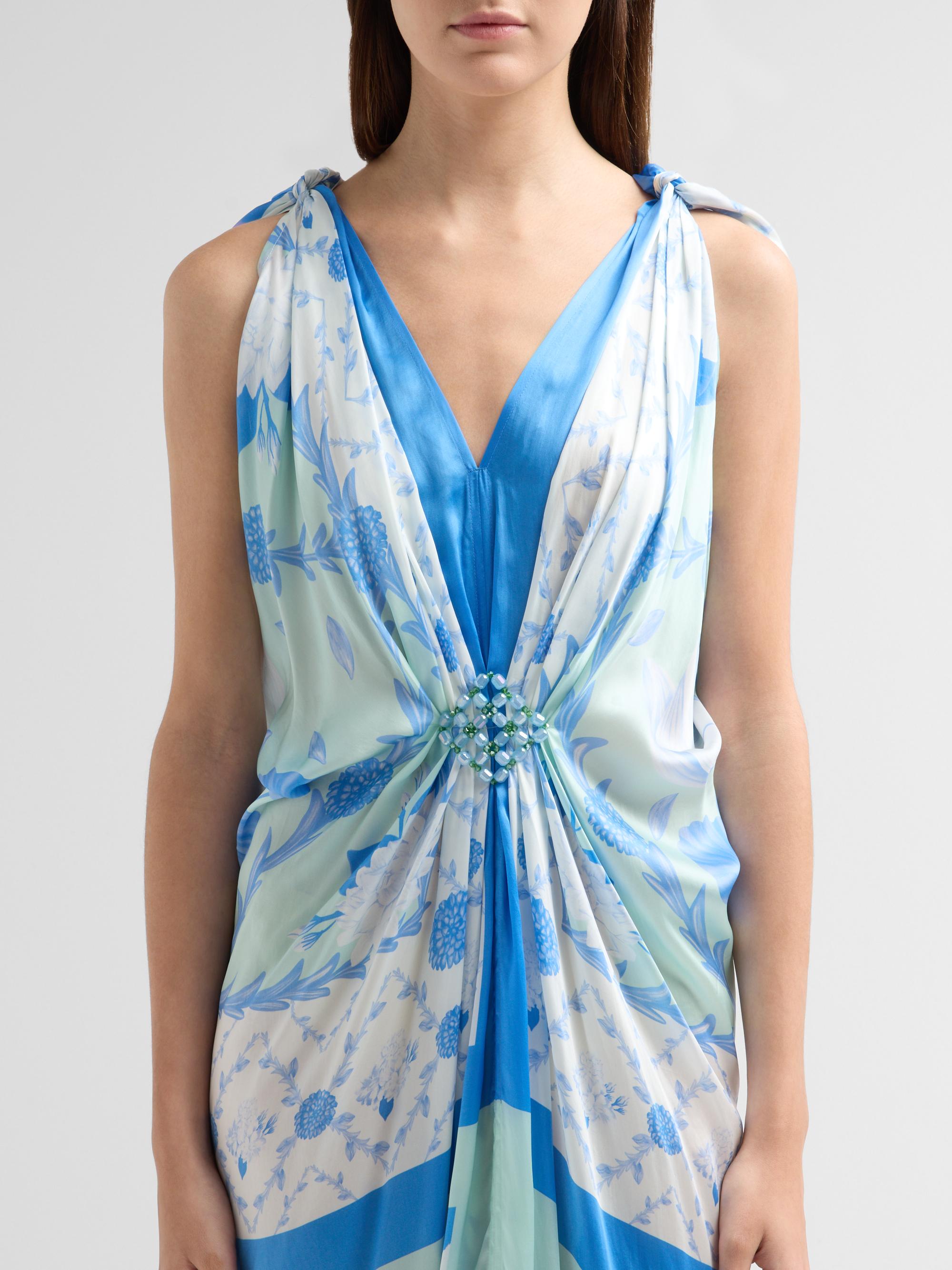 Verandah Women's Bejewelled Hand-Knotted Drape Maxi Dress - Blue And Mint Lotus | Thumbnail 5