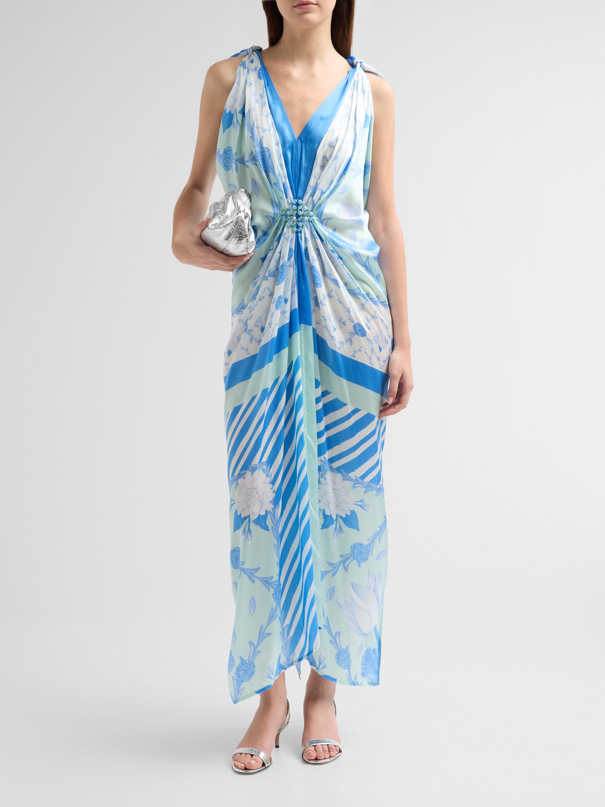 Verandah Women's Bejewelled Hand-Knotted Drape Maxi Dress - Blue And Mint Lotus | Thumbnail 2