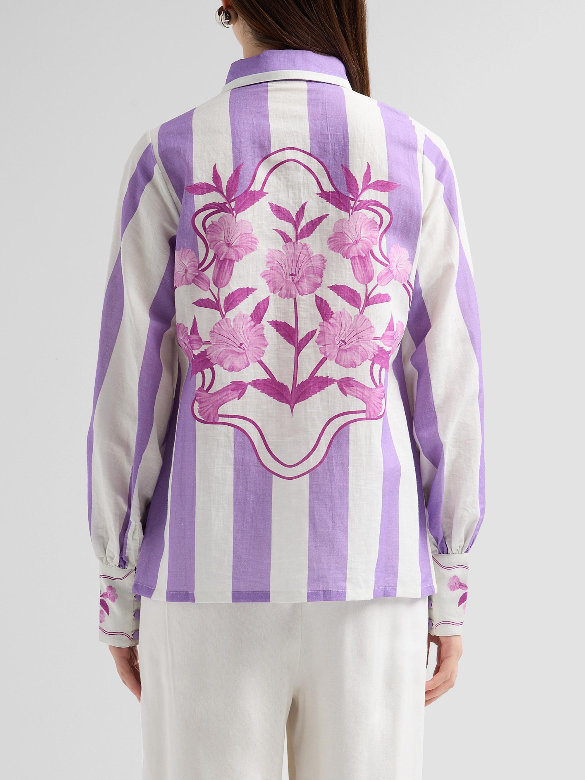 Verandah Women's Nigiri Wild Flower Linen-Cotton Tunic Blouse -  Lilac Stripe | Thumbnail 3