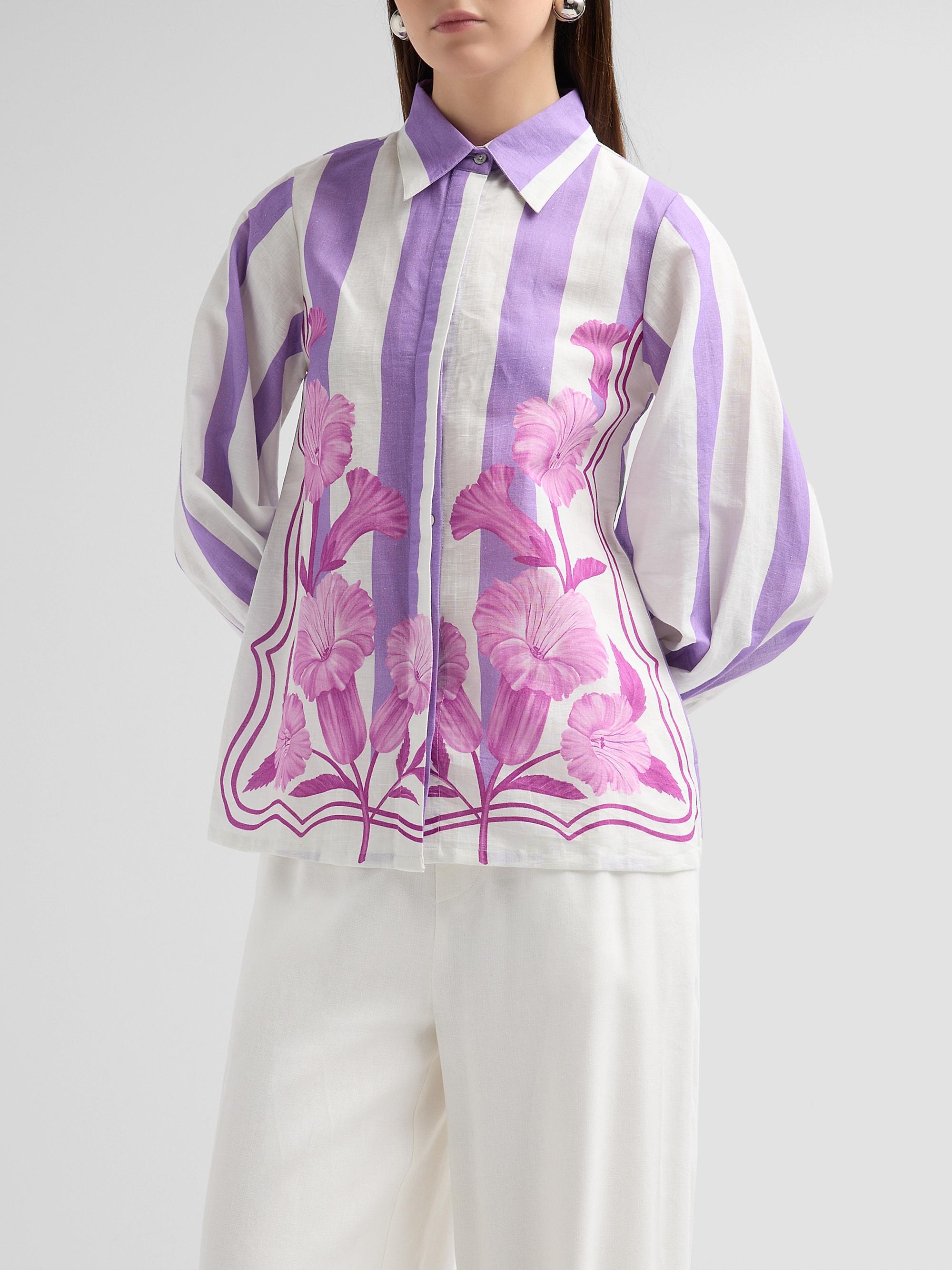 Verandah Women's Nigiri Wild Flower Linen-Cotton Tunic Blouse -  Lilac Stripe | Thumbnail 4