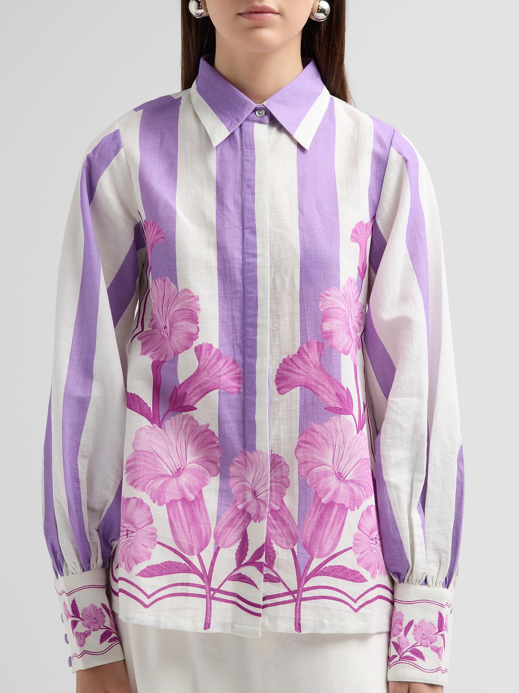 Verandah Women's Nigiri Wild Flower Linen-Cotton Tunic Blouse -  Lilac Stripe | Thumbnail 5