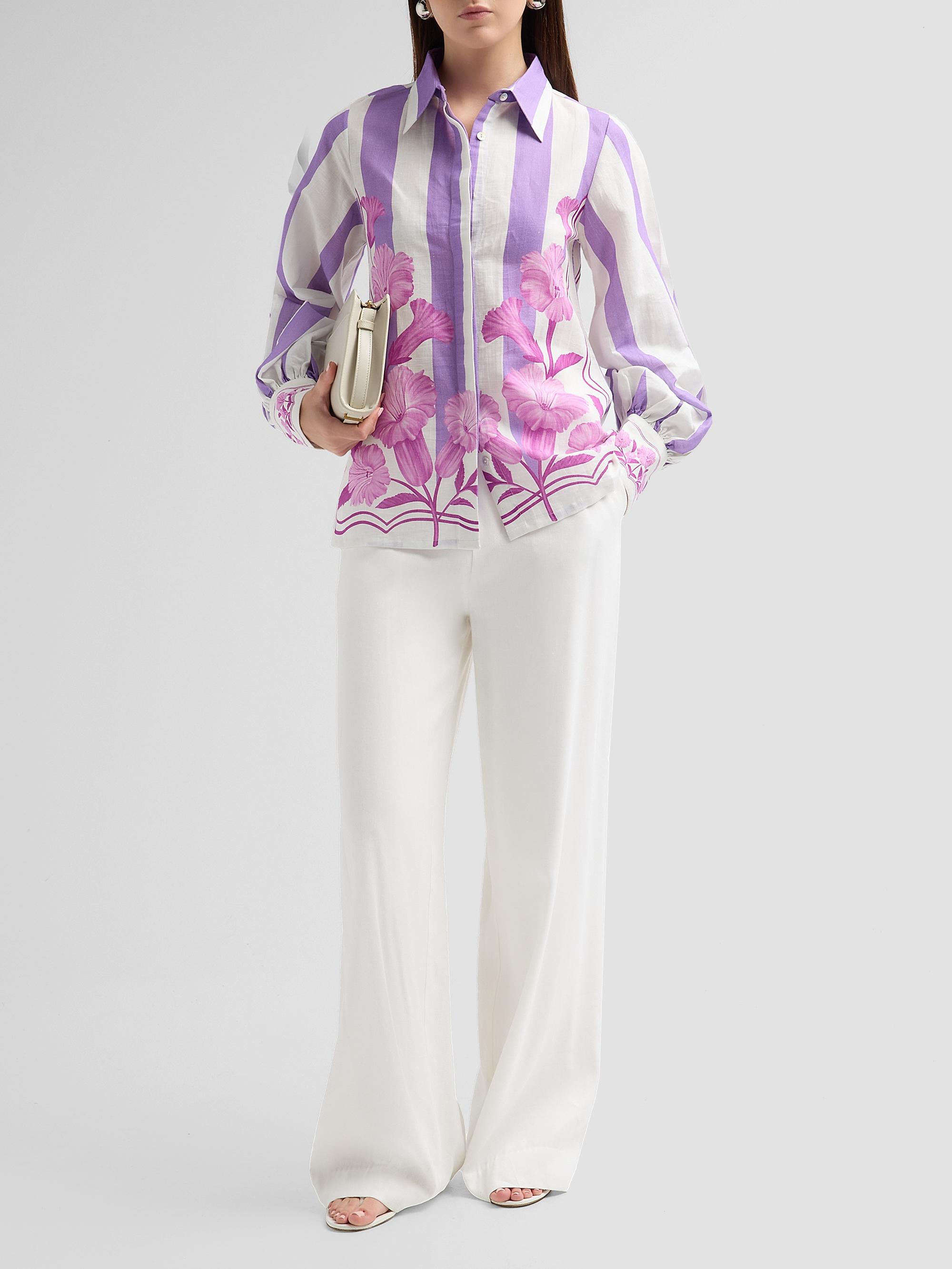 Verandah Women's Nigiri Wild Flower Linen-Cotton Tunic Blouse -  Lilac Stripe | Thumbnail 2