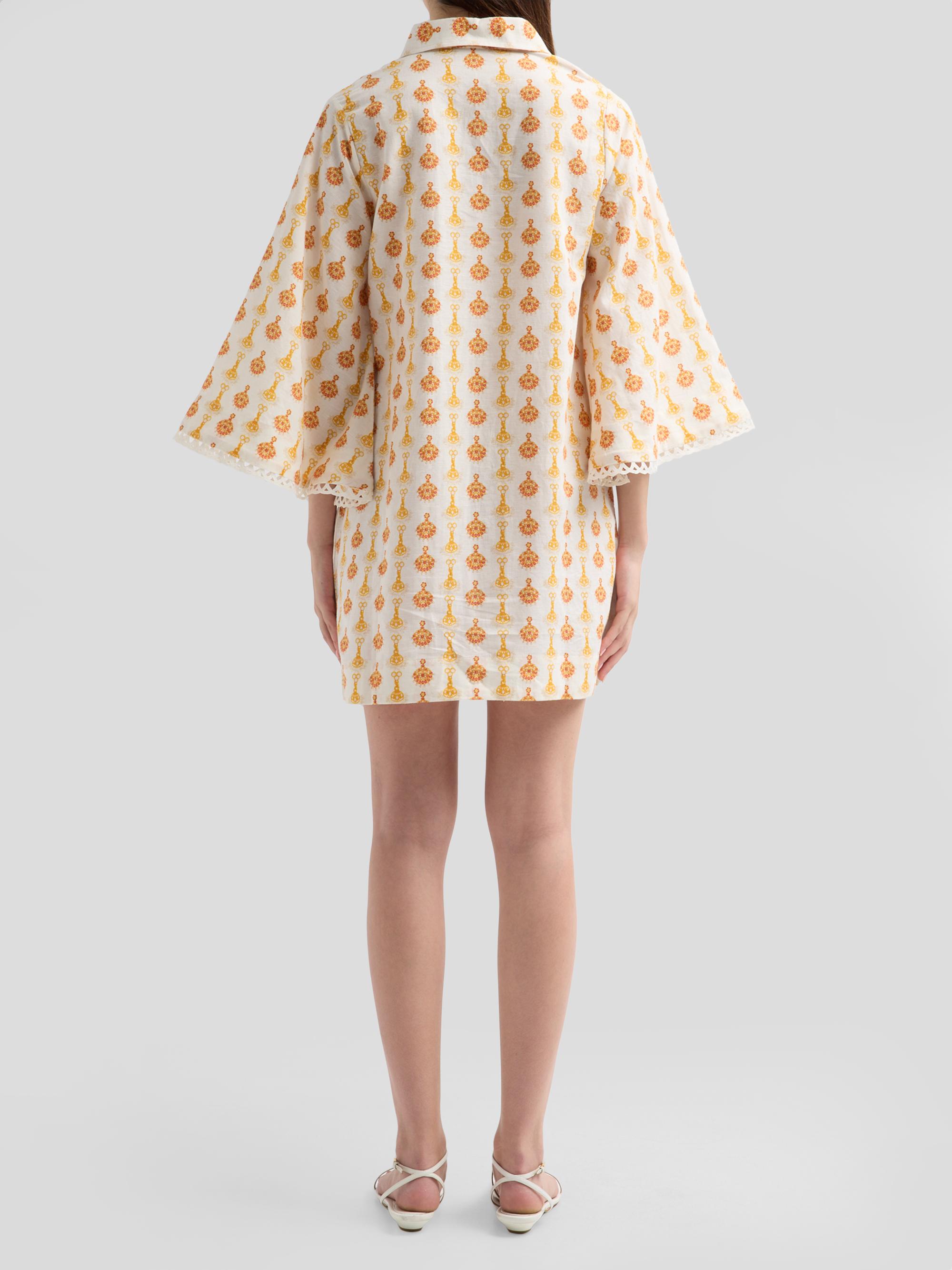 Verandah Women's Lotus Print Linen-Cotton Mini Kaftan Dress -  Jewel | Thumbnail 3