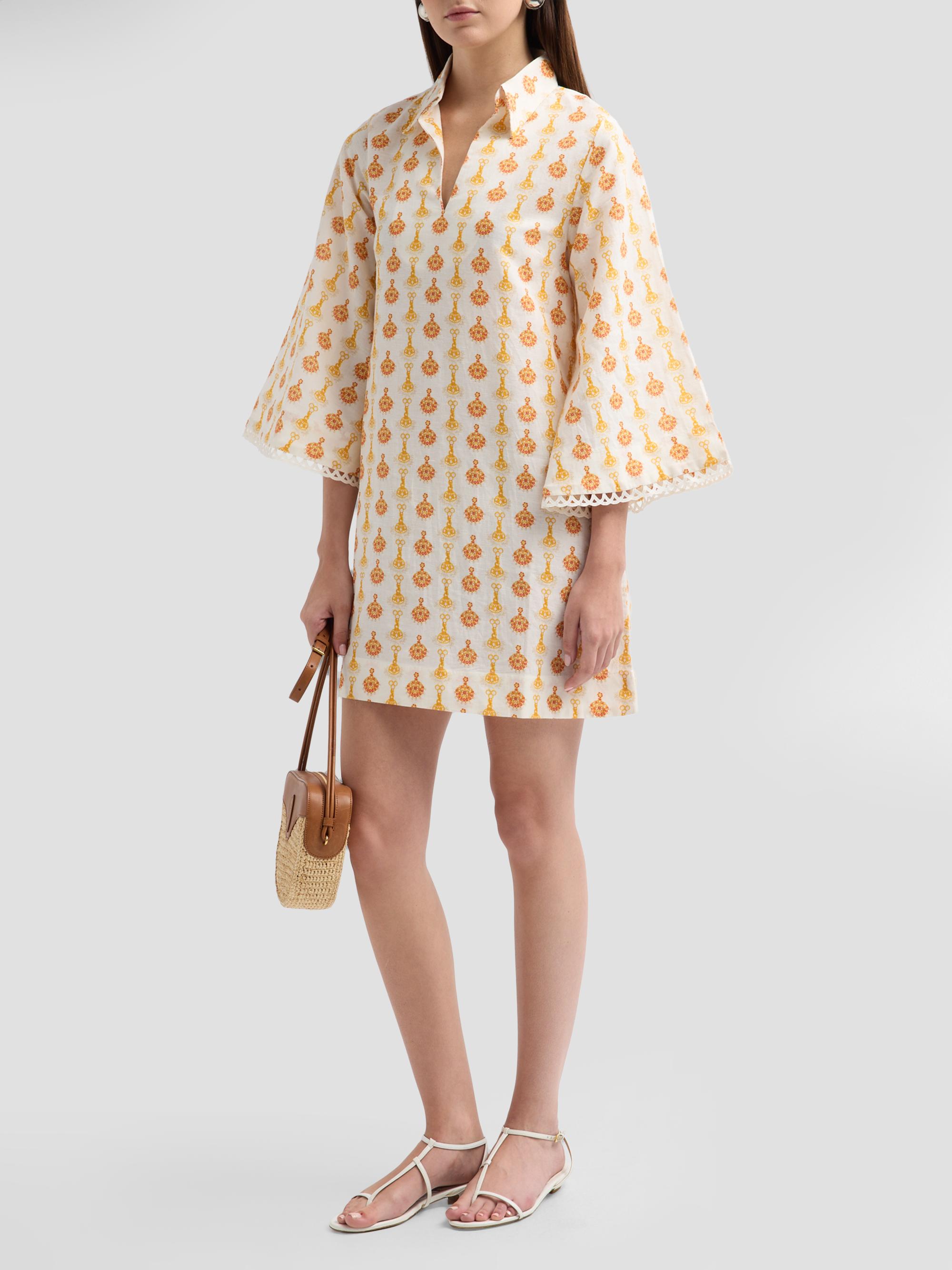 Verandah Women's Lotus Print Linen-Cotton Mini Kaftan Dress -  Jewel | Thumbnail 4