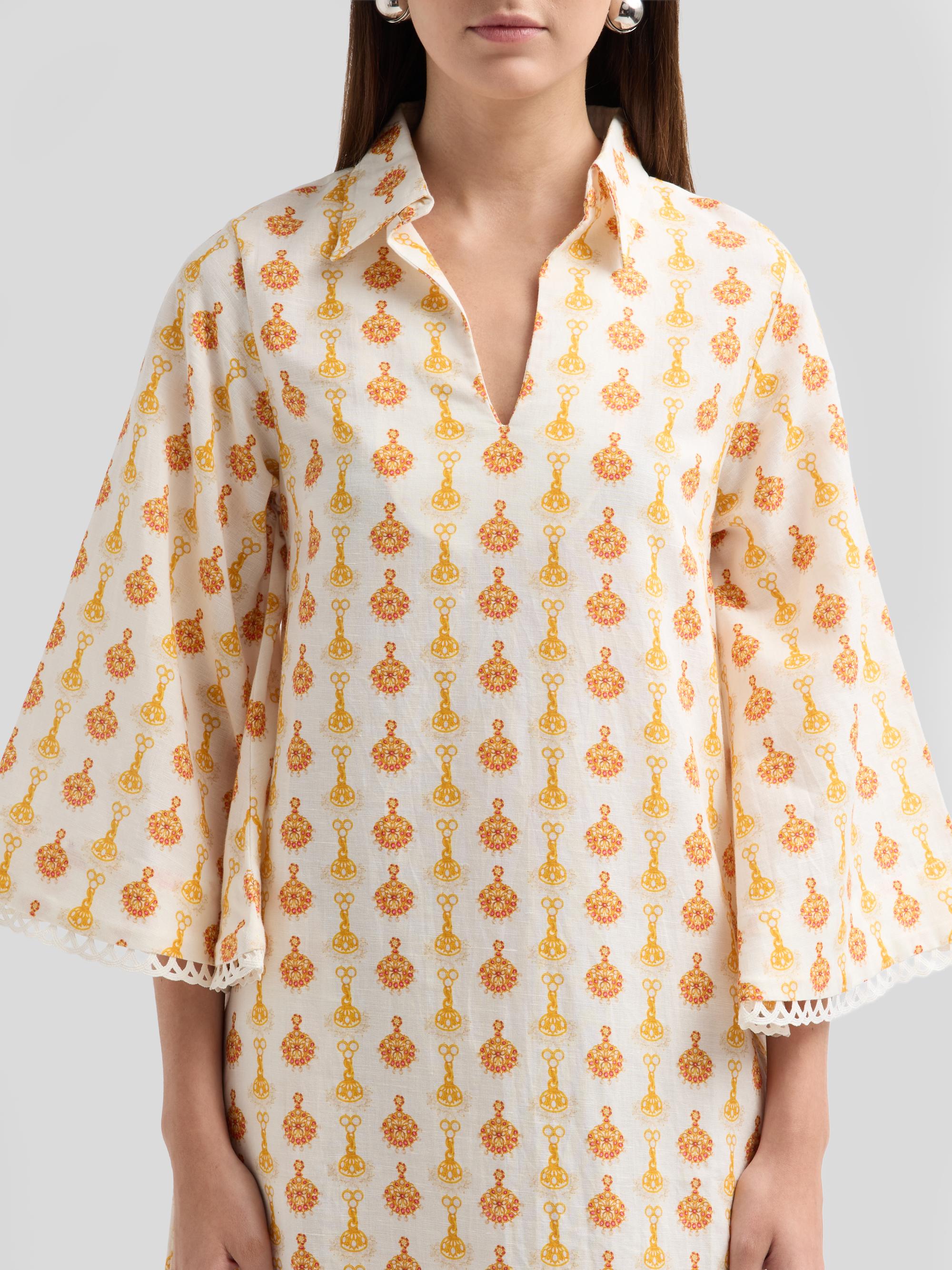 Verandah Women's Lotus Print Linen-Cotton Mini Kaftan Dress -  Jewel | Thumbnail 5