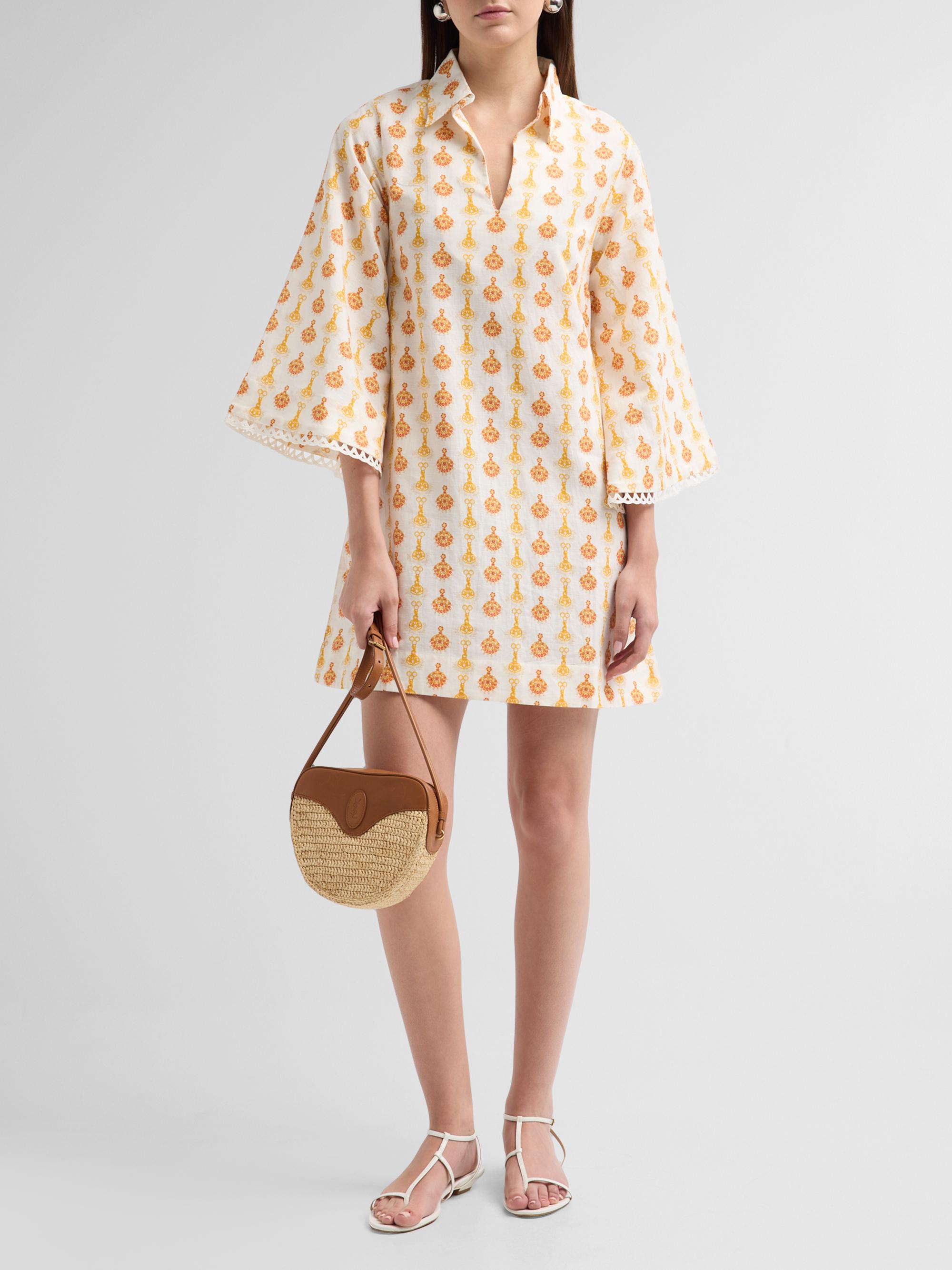 Verandah Women's Lotus Print Linen-Cotton Mini Kaftan Dress -  Jewel | Thumbnail 2