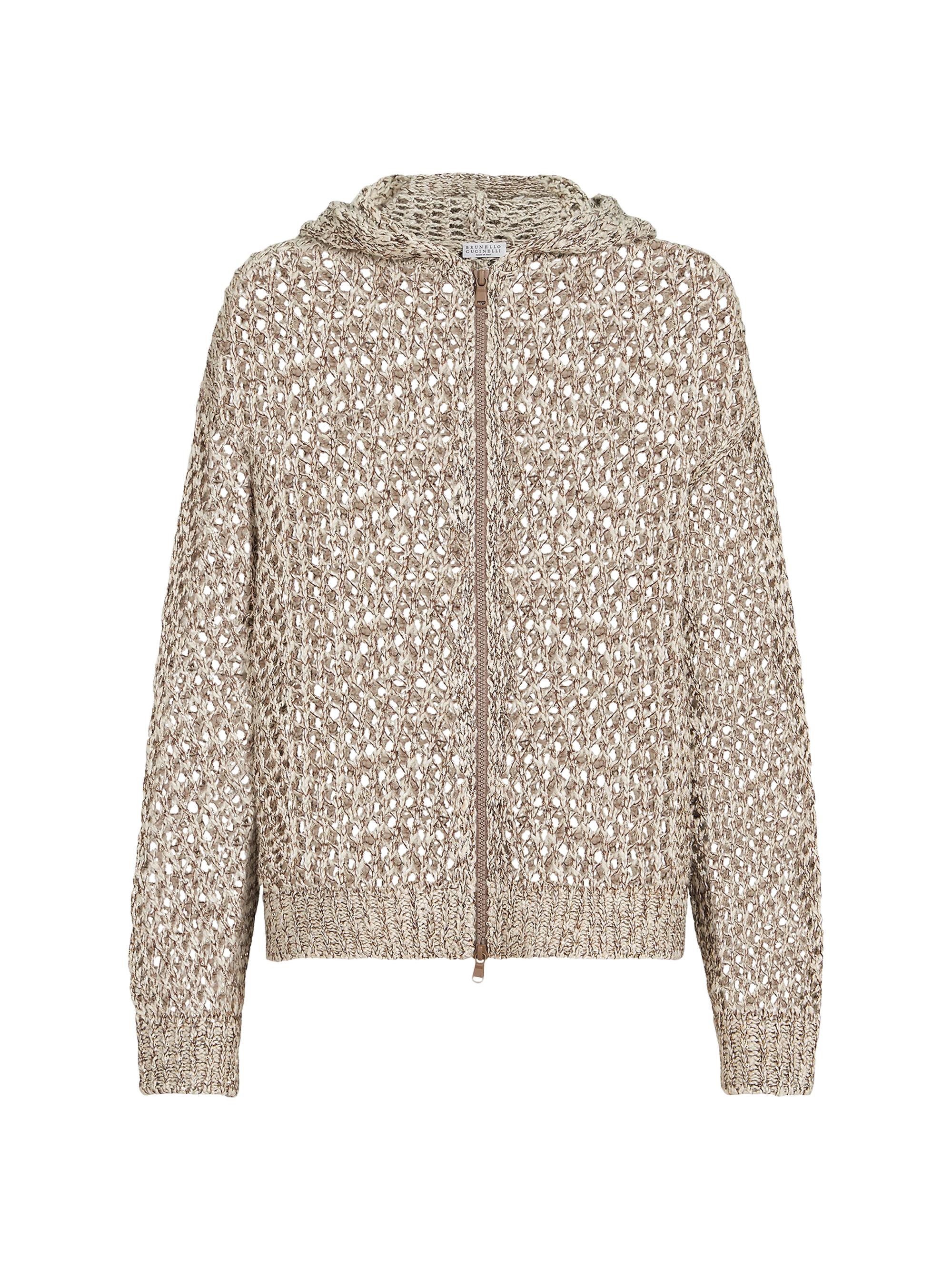 Brunello Cucinelli Women's Dazzling Chiné Net Hooded Cardigan in Silk and Linen with Zipper - Rope | Thumbnail 7