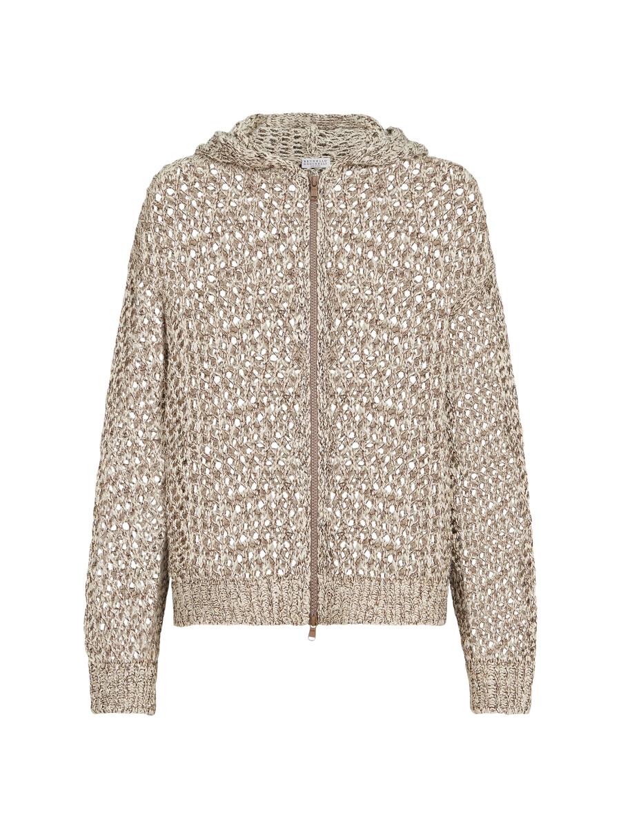 Brunello Cucinelli Dazzling Chiné Net Hooded Cardigan In Silk And Linen With Zipper In Neutral