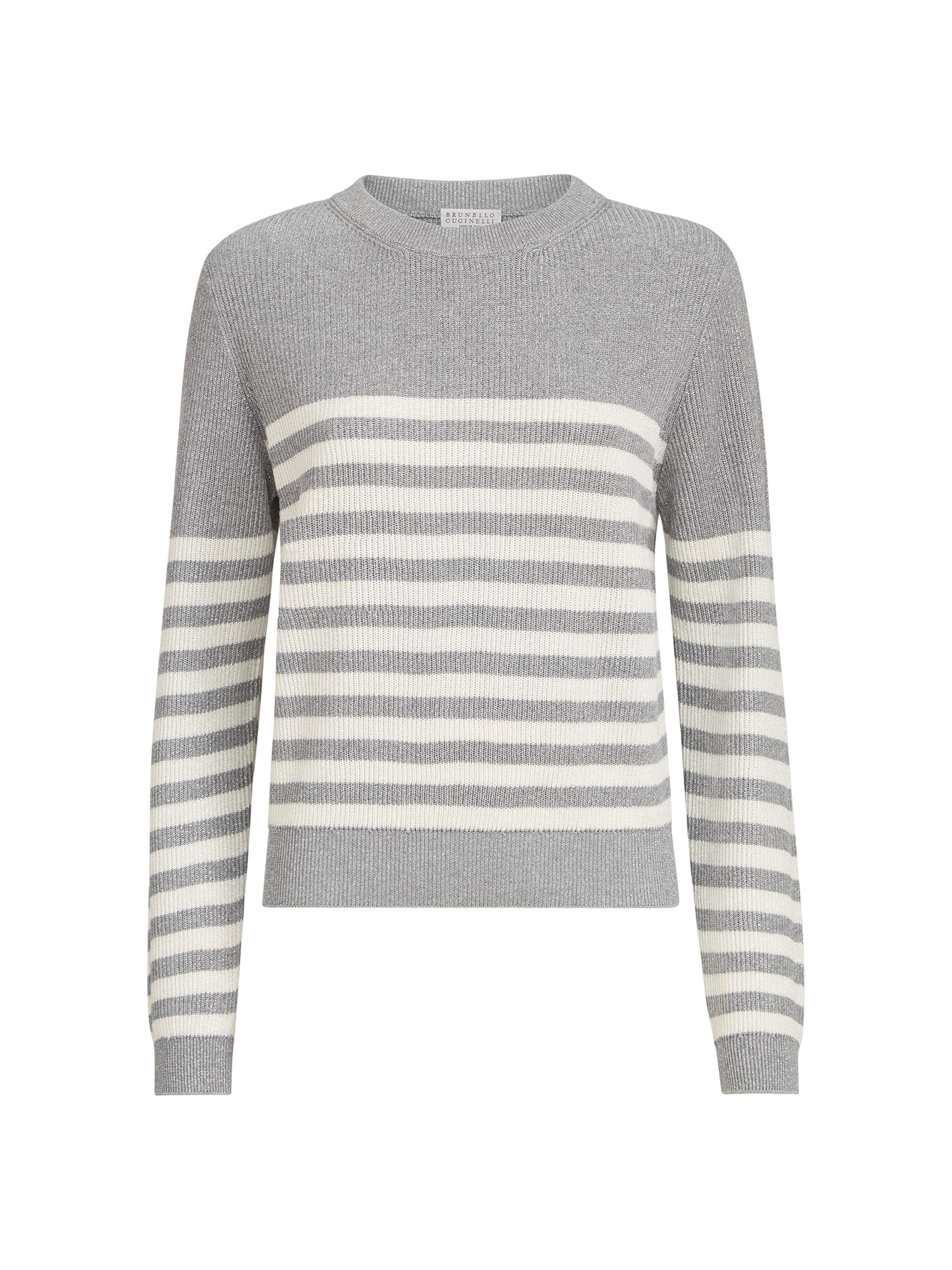 Brunello Cucinelli Women's Sparkling Cotton Striped English Rib Sweater - Silver | Thumbnail 7