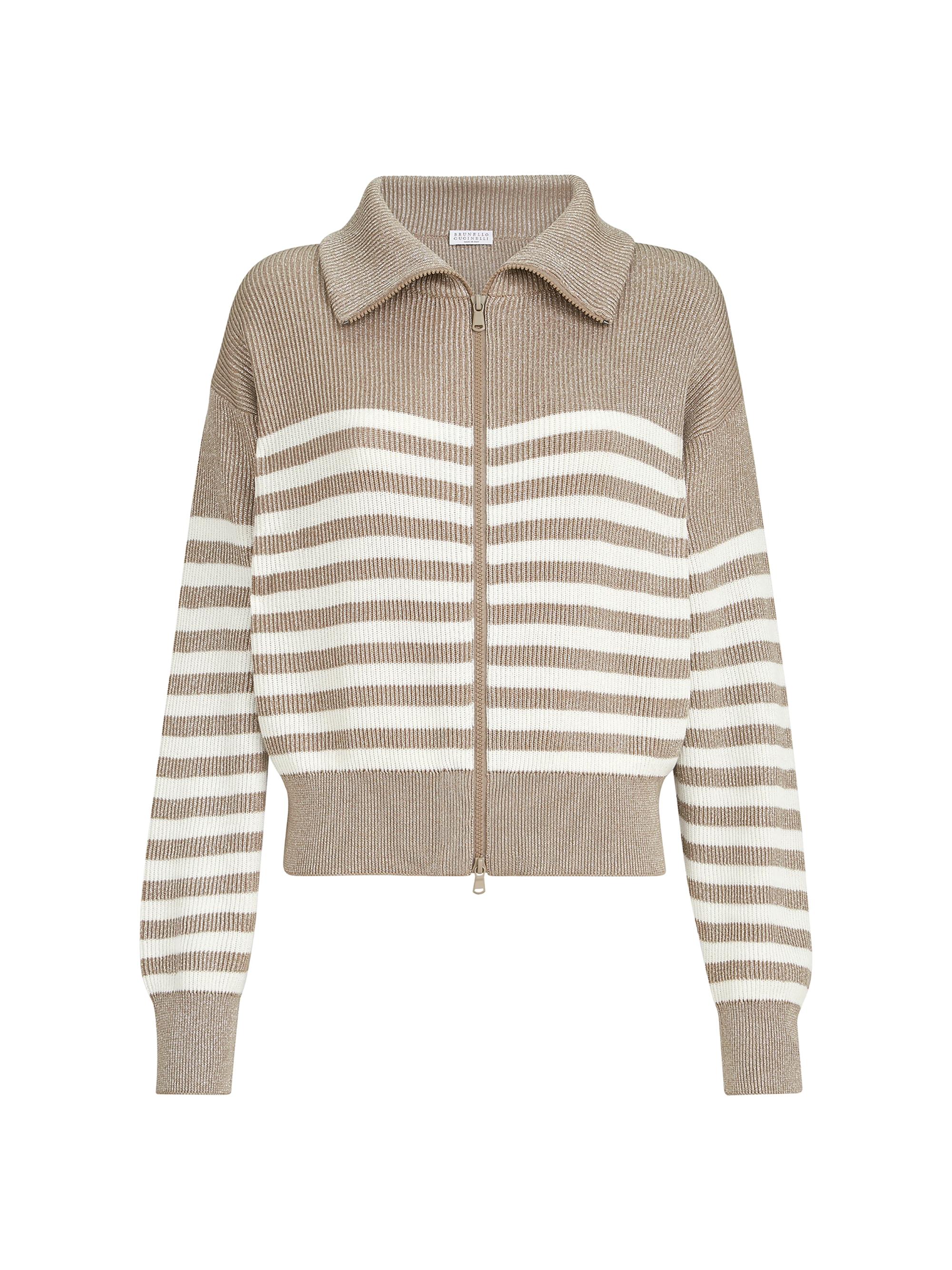 Brunello Cucinelli Women's Sparkling Cotton Striped English Rib Cardigan - Beige