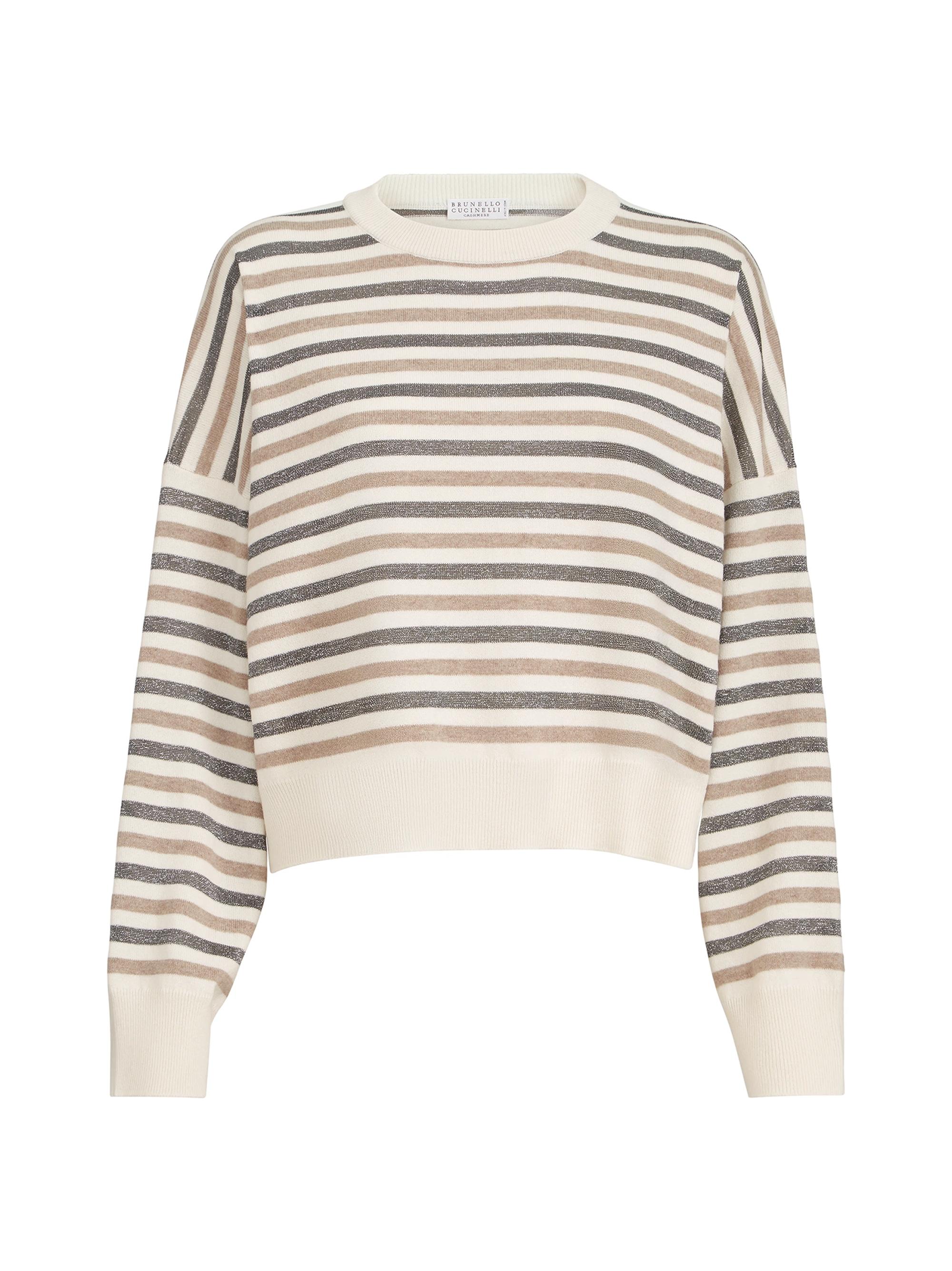 Brunello Cucinelli Women's Virgin Wool, Cashmere and Silk Sparkling Stripes Sweater - White | Thumbnail 7