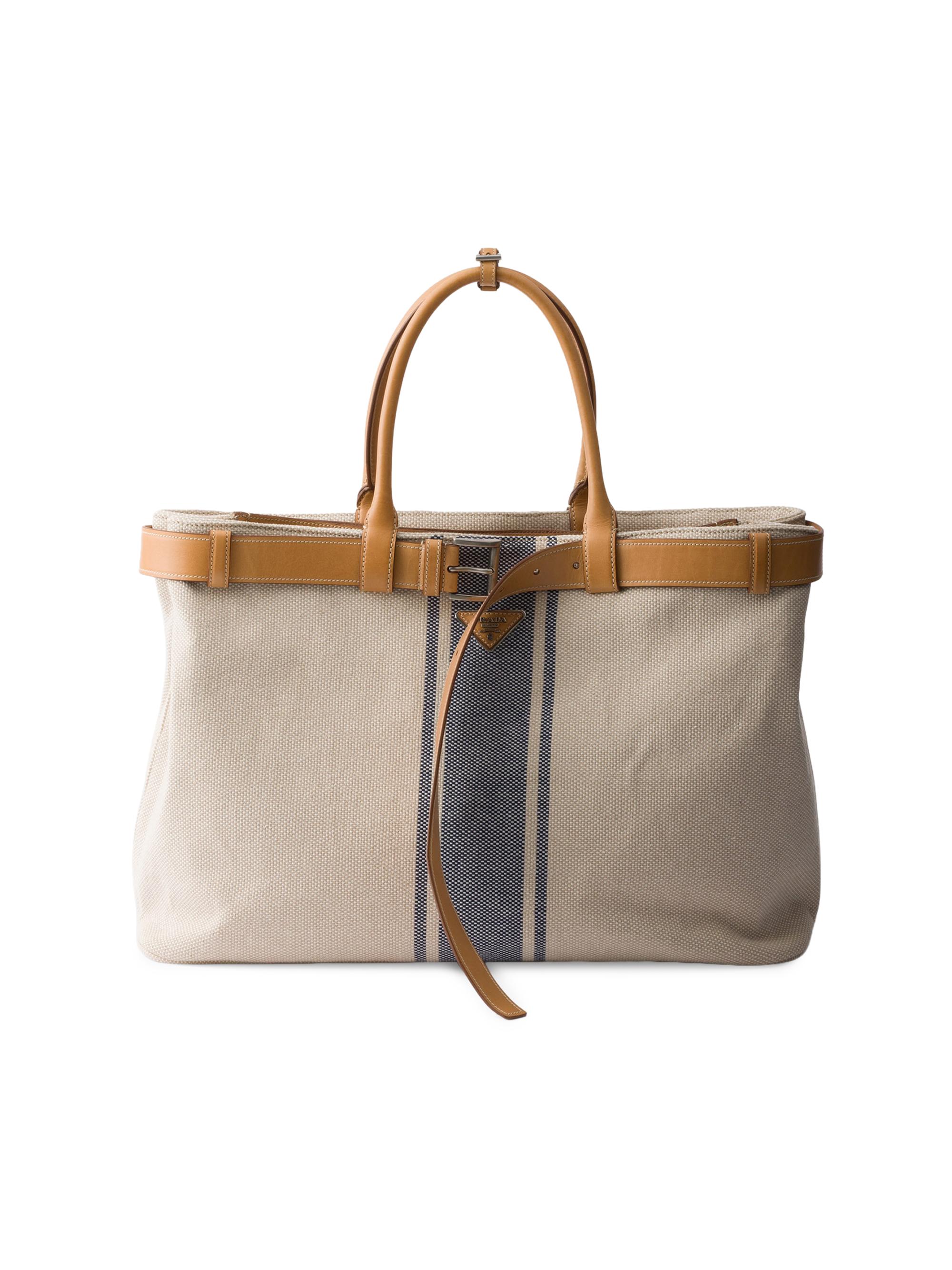 Prada Men's Buckle Canvas and Leather Tote Bag - Beige Khaki