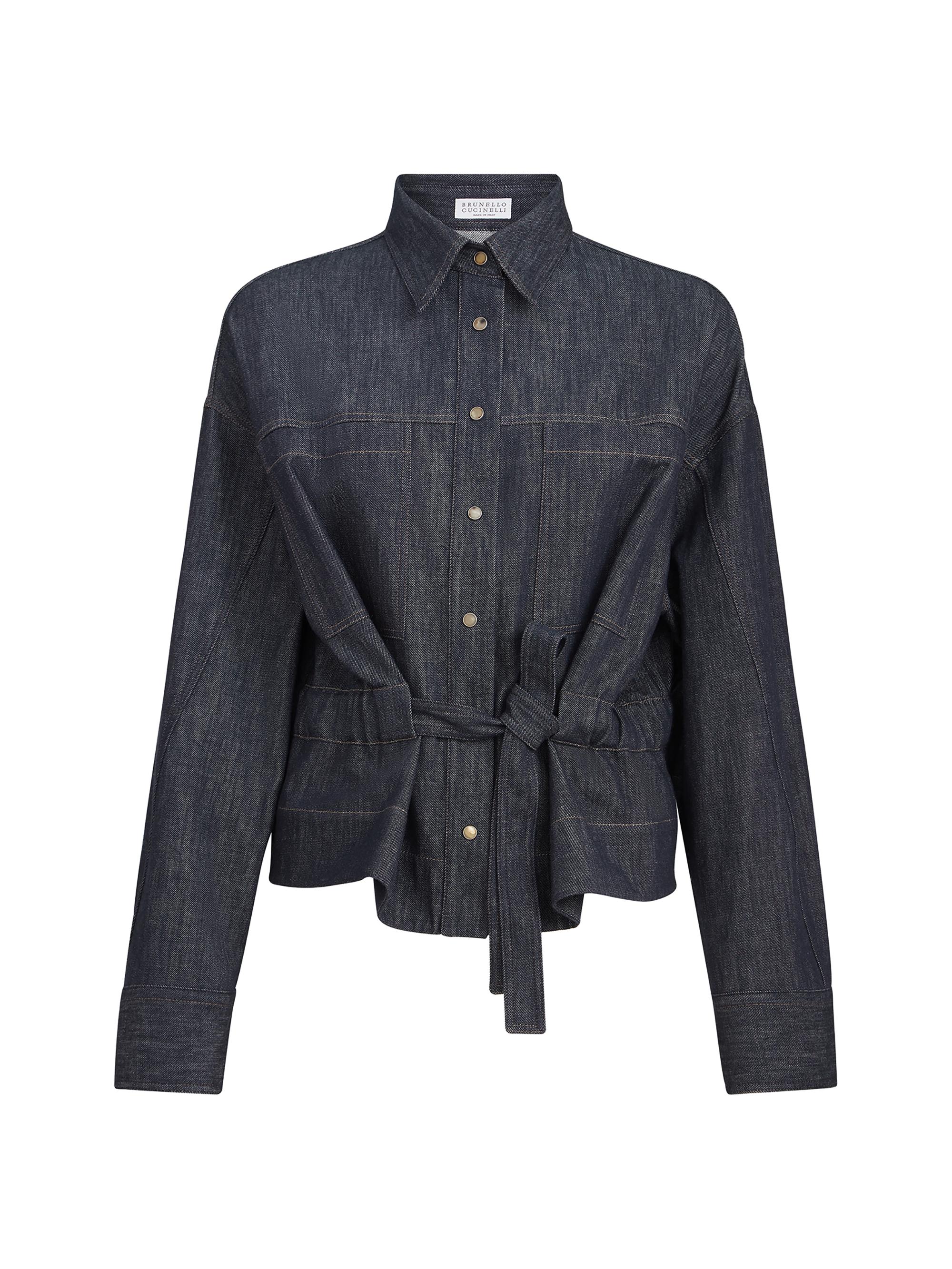 Brunello Cucinelli Women's Cotton Denim Effect Twill Cropped Shirt - Dark Denim | Thumbnail 7