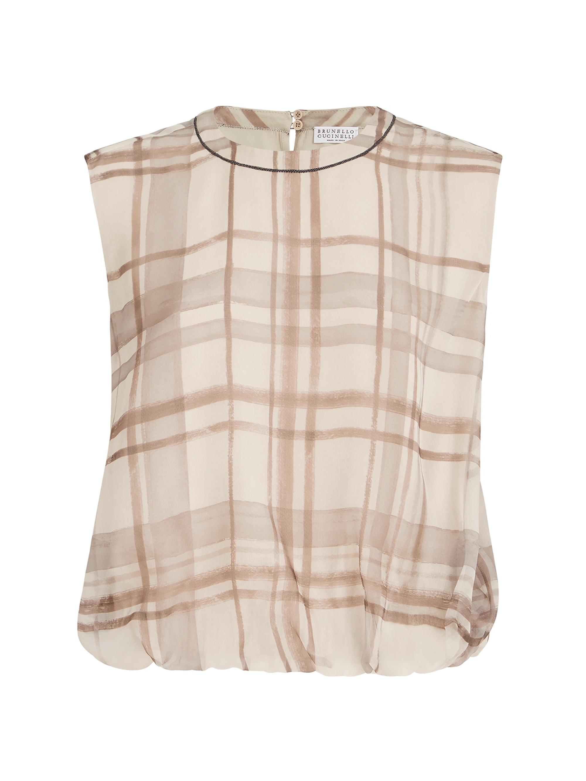 Brunello Cucinelli Women's Silk Organza T-Shirt in Macrocheck Print with Shiny Neck Detail - Beige | Thumbnail 7