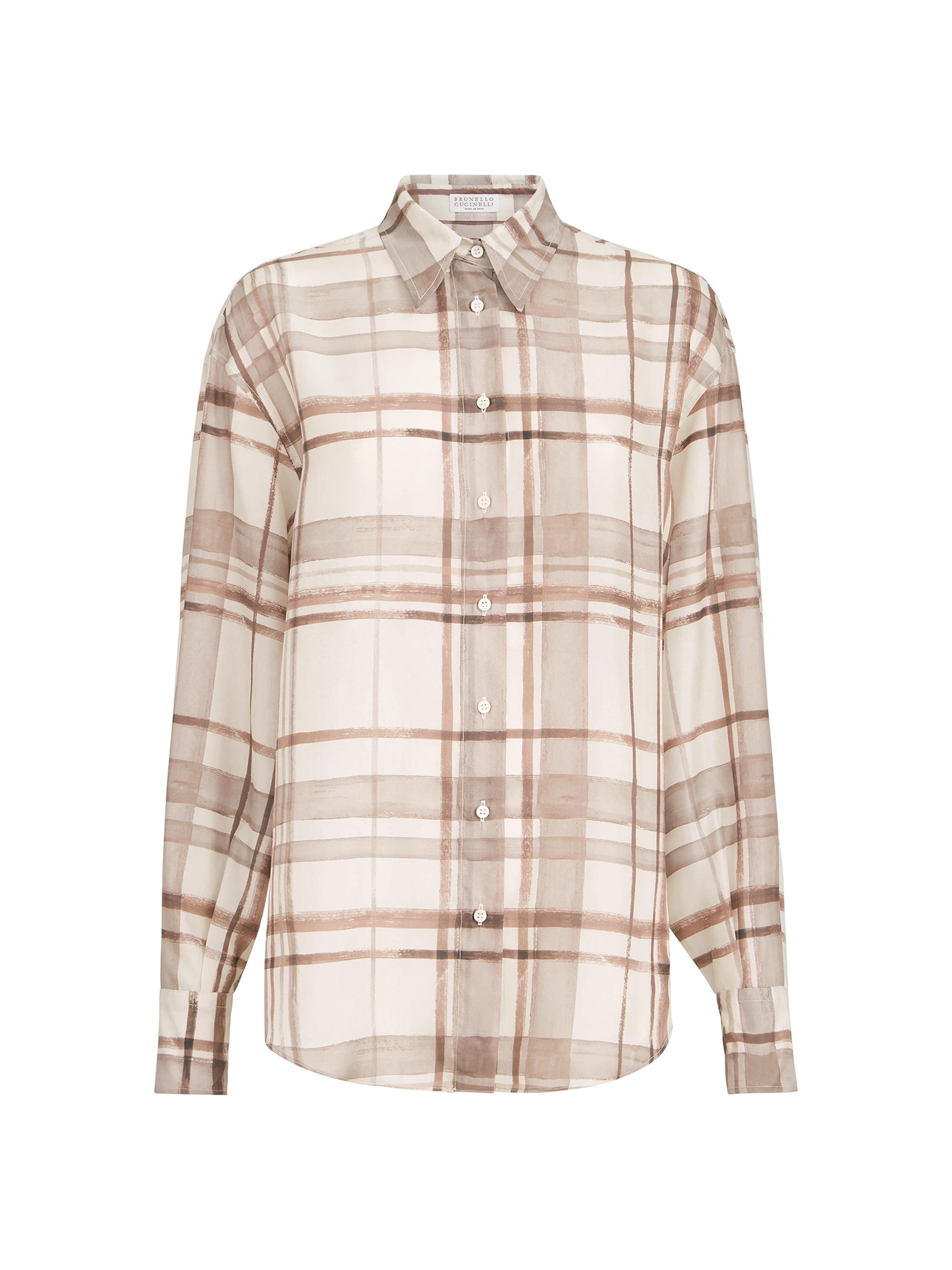 Brunello Cucinelli Women's Silk Pongée Shirt in Macrocheck Print | Thumbnail 7