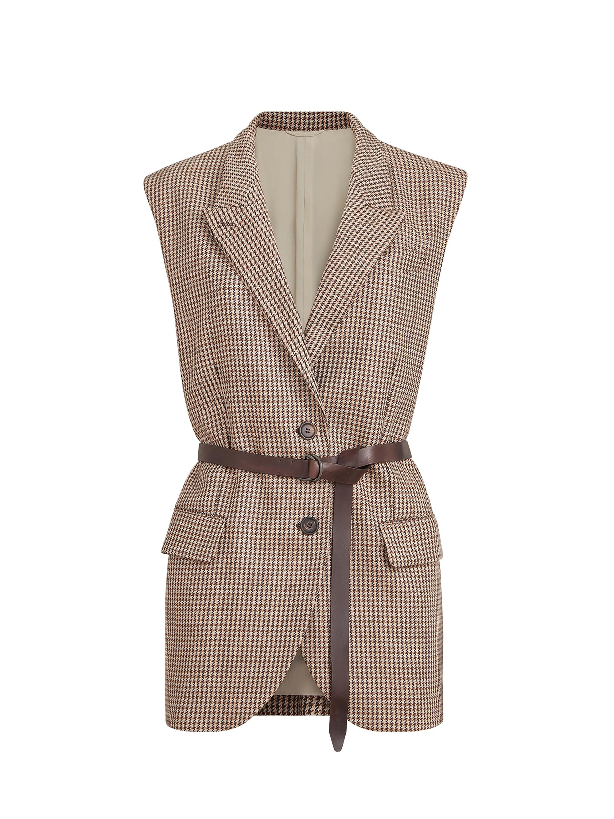 Brunello Cucinelli Women's Sparkling Virgin Wool Houndstooth Vest with Leather Inserts, Belt and Monili - Brown