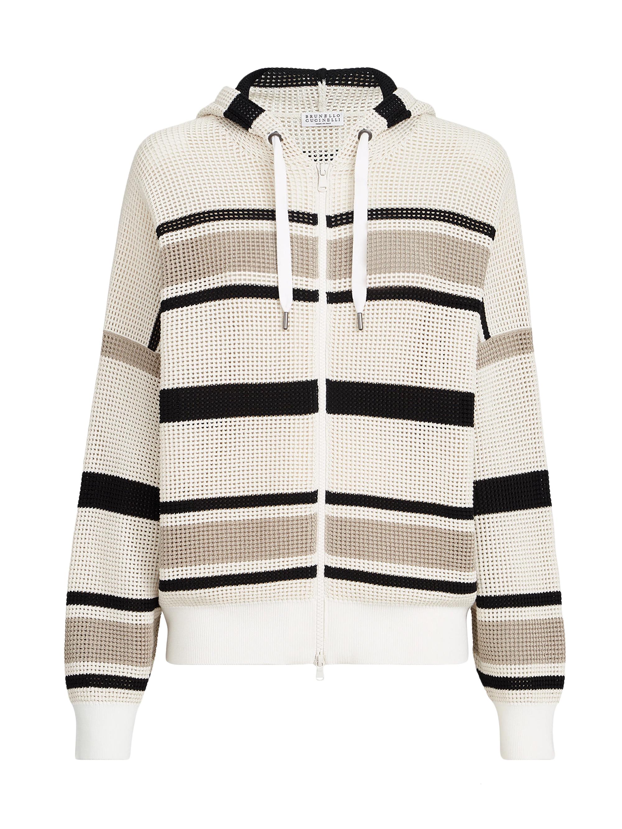 Brunello Cucinelli Women's Striped Cotton Net Hooded Cardigan with Zipper | Thumbnail 7