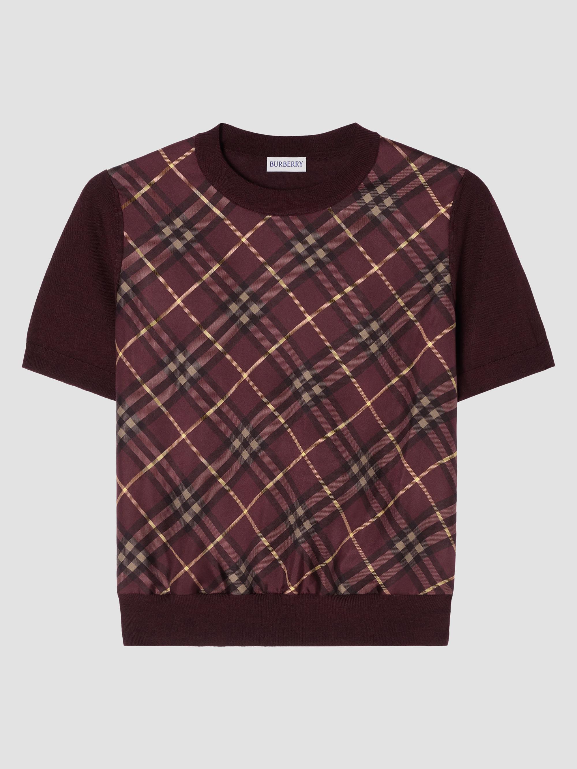 Burberry Women's Sandrina Check Panel Wool-Silk T-Shirt - Vineyard Red | Thumbnail 4