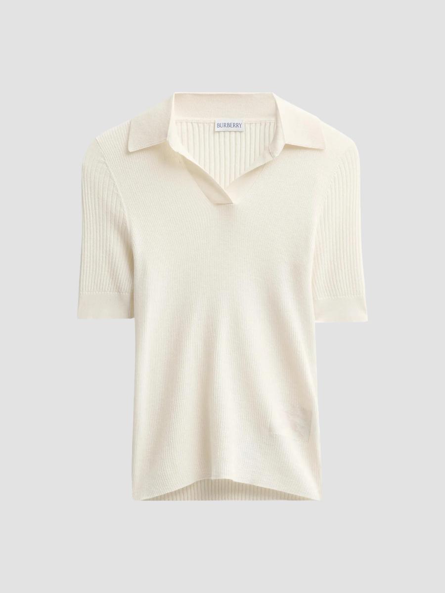 Burberry Women's Rain Rib-knit Cashmere Polo Shirt In Tundra White