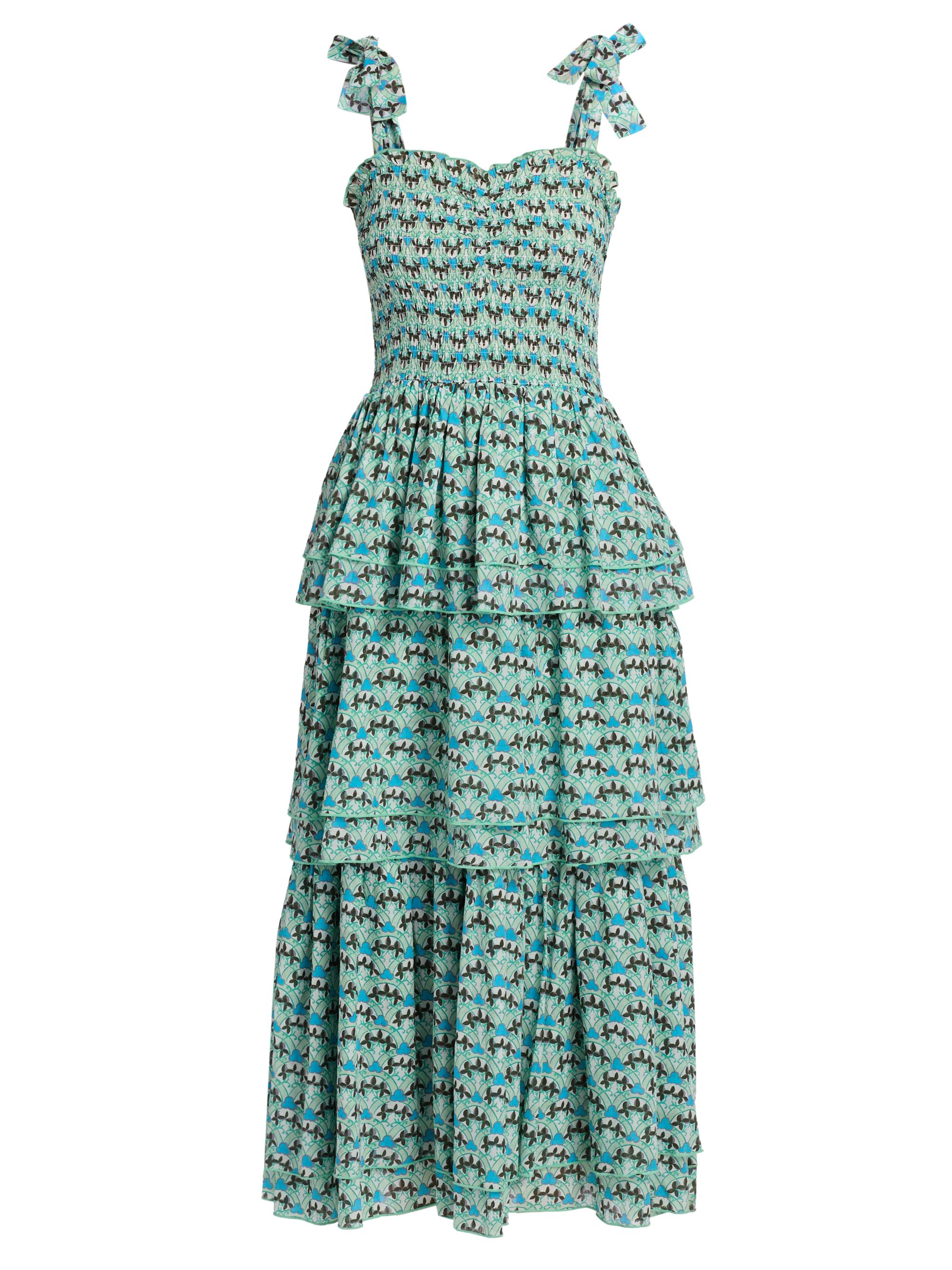 Ro's Garden Women's Spencer Printed Cotton Smocked Tiered Dress - Blue Zen