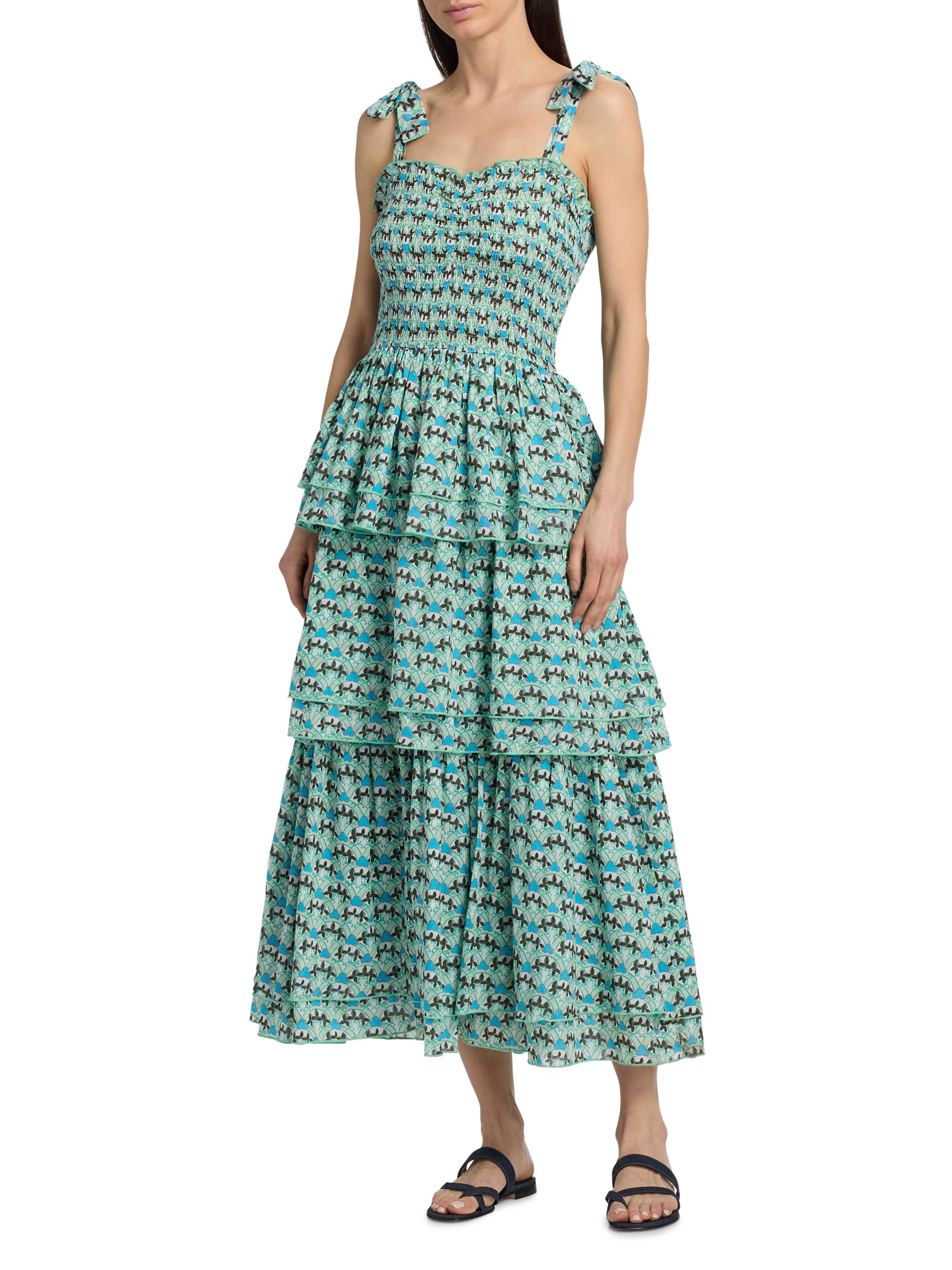 Ro's Garden Women's Spencer Printed Cotton Smocked Tiered Dress - Blue Zen | Thumbnail 3